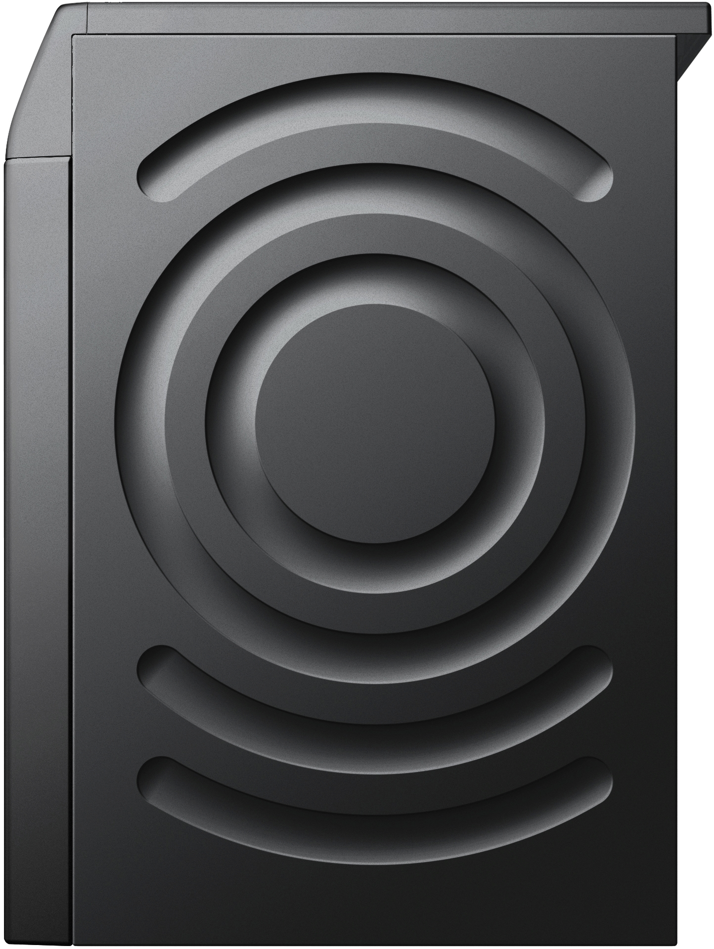 Ein dunkelgraues Gerät mit konzentrischem kreisförmigem Design auf der Vorderseite. Es hat gebogene Vertiefungen und ein glattes, mattes Finish.