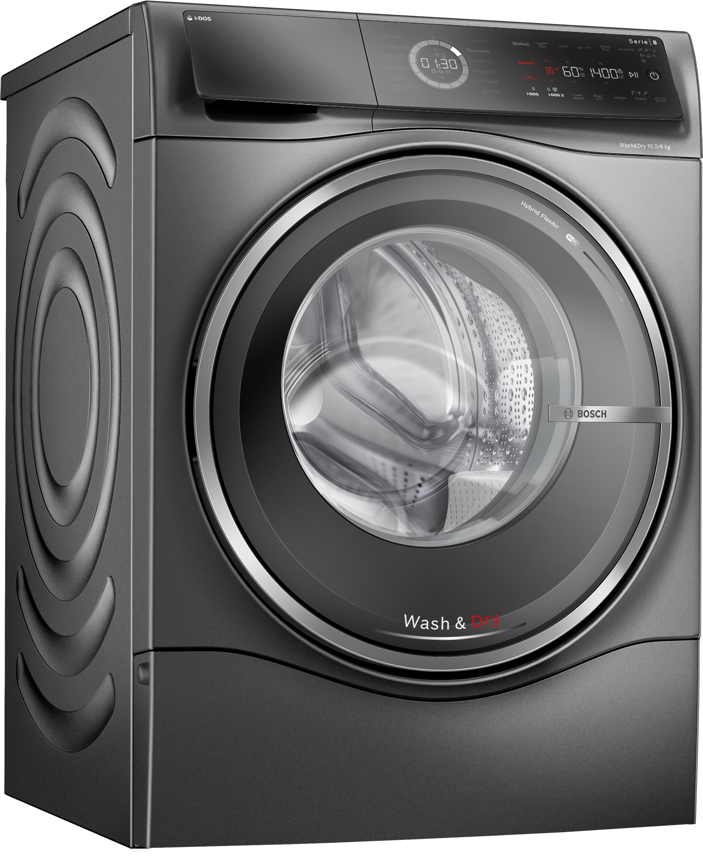 Dunkelgraue Bosch Waschmaschine mit Glastür. Merkmale sind Bedienfeld und die Worte Wash & Dry.
