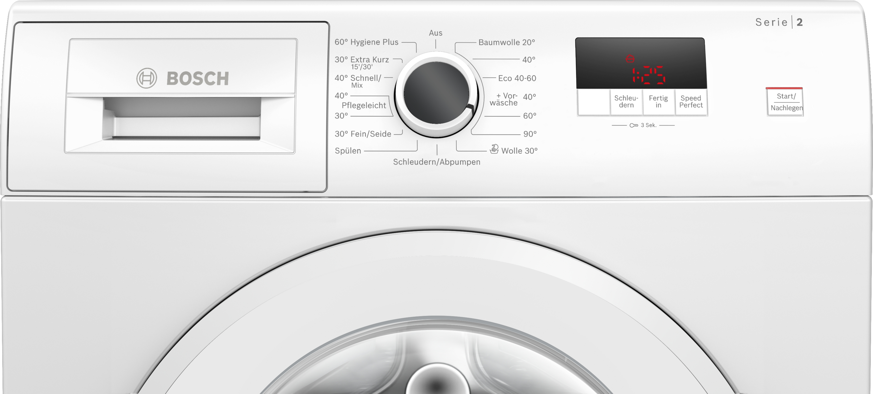 Ein weißes Bosch-Waschmaschinen-Bedienfeld. Es hat einen Drehknopf, eine Digitalanzeige und mehrere Tasten.