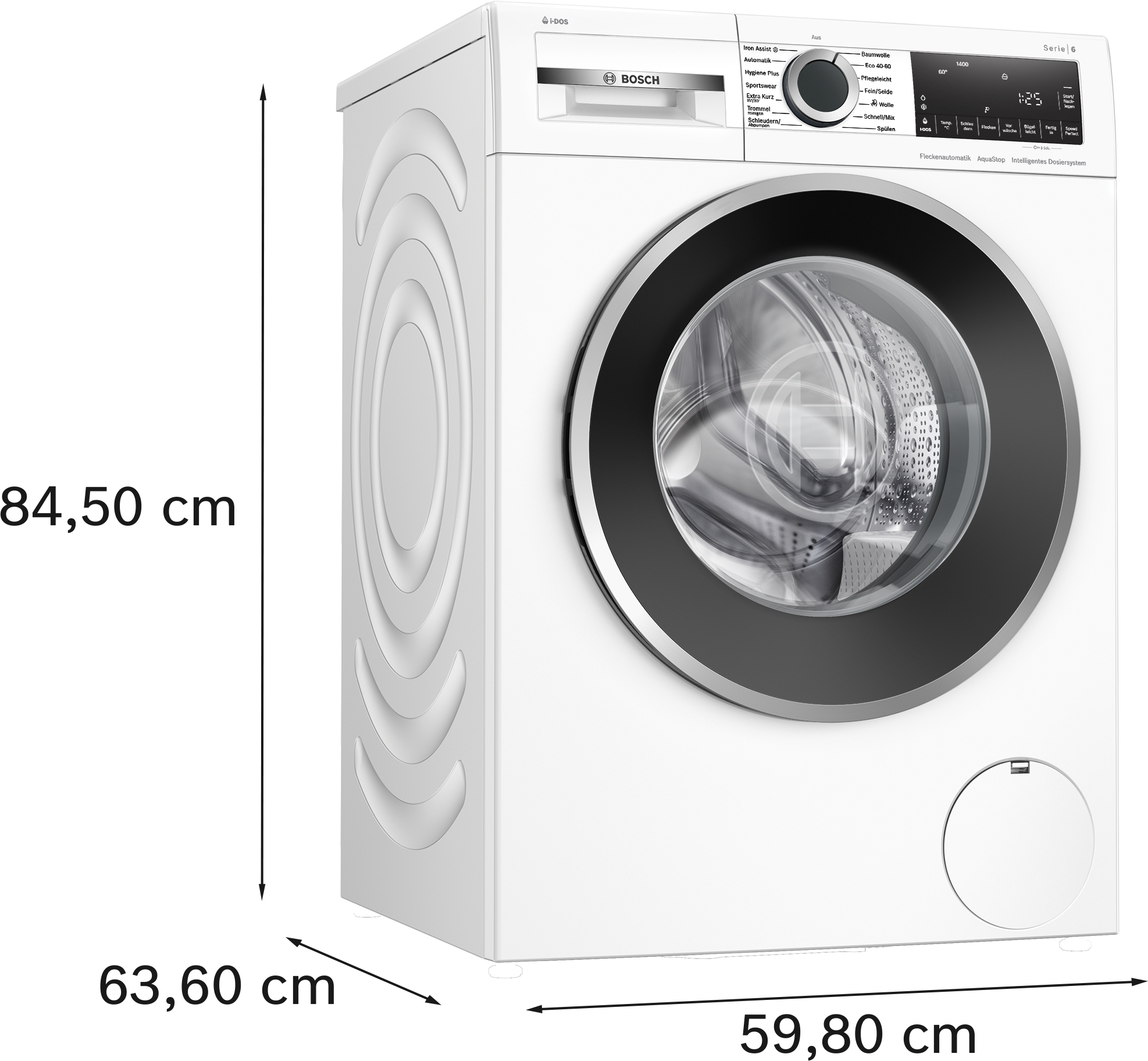 Eine weiße Bosch-Waschmaschine mit angezeigten Abmessungen. Sie hat eine schwarze Tür und ein Bedienfeld.