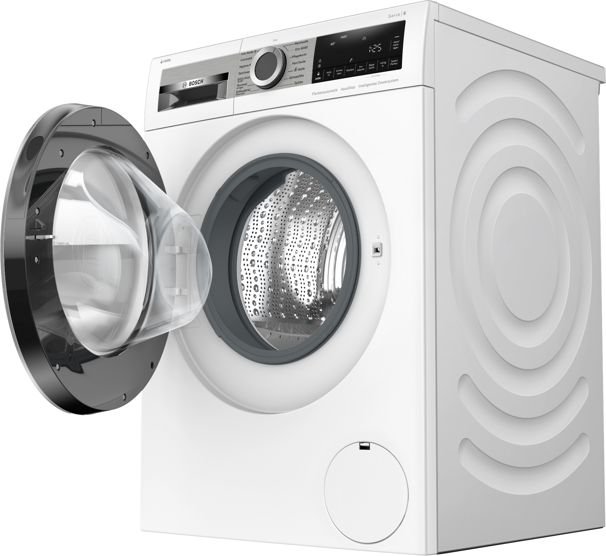 Eine weiße Bosch-Waschmaschine mit offener Tür. Die Tür ist transparent und gibt die Trommel frei.