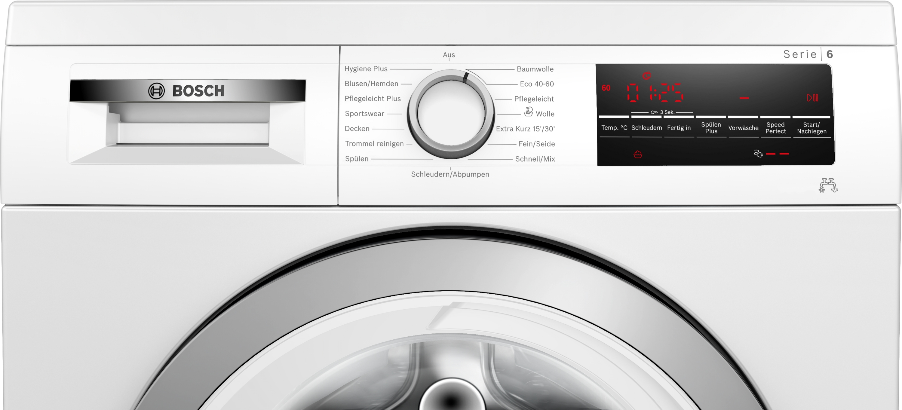 Eine weiße Bosch-Waschmaschine. Sie hat ein Bedienfeld mit Drehknopf, Tasten und einer Digitalanzeige mit der Zeit.
