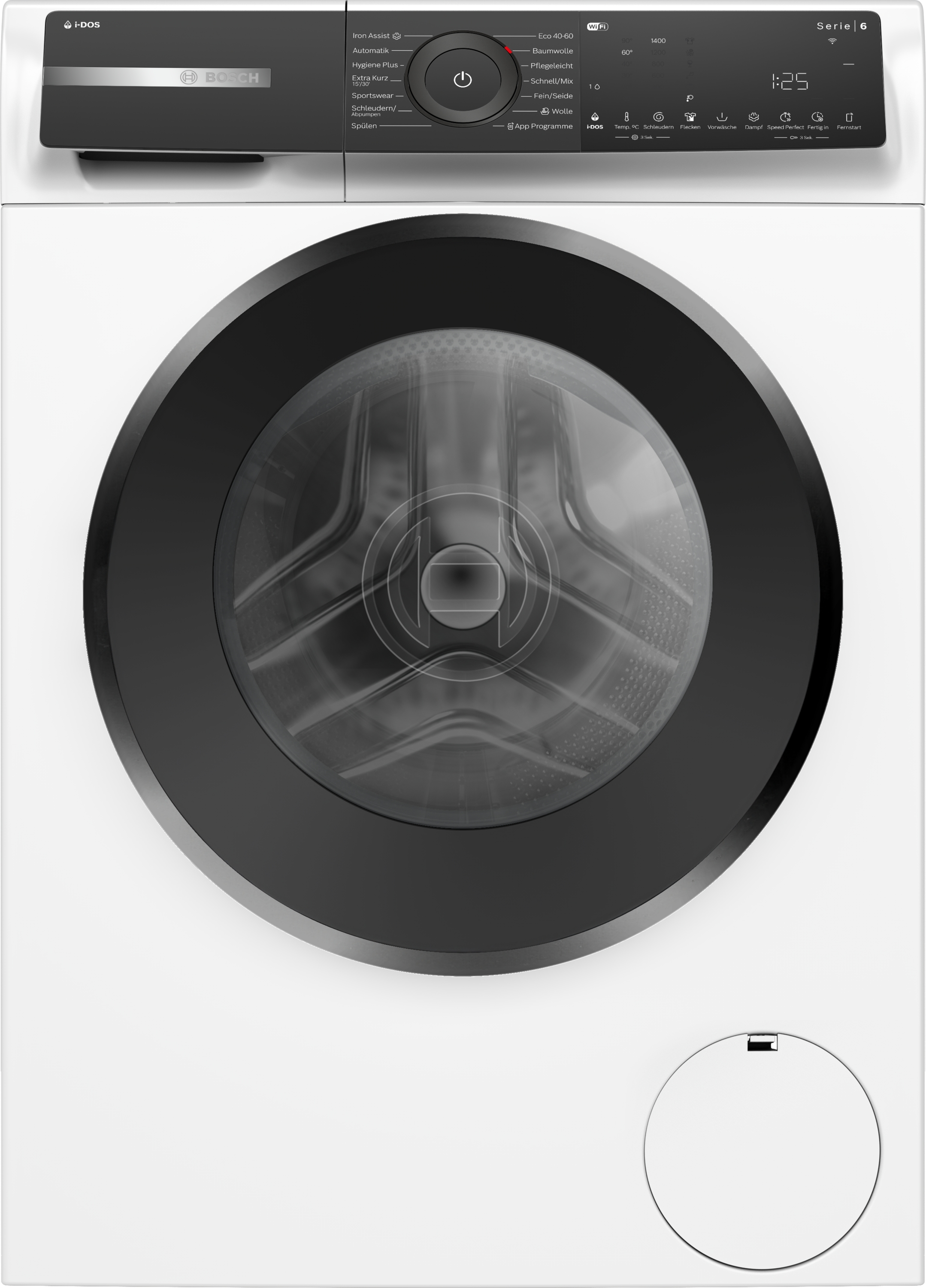 Eine weiße Waschmaschine mit schwarzer Tür und Bedienfeld. Es hat ein digitales Display und verschiedene Knöpfe.