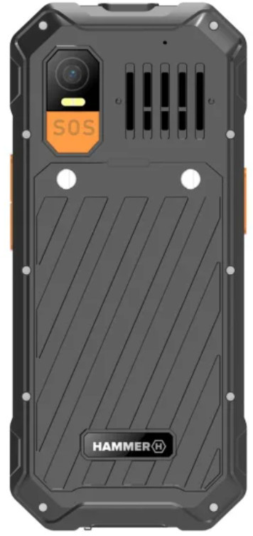 Czarny, wytrzymały telefon. Z tyłu aparat, przycisk SOS i nazwa marki HAMMER.