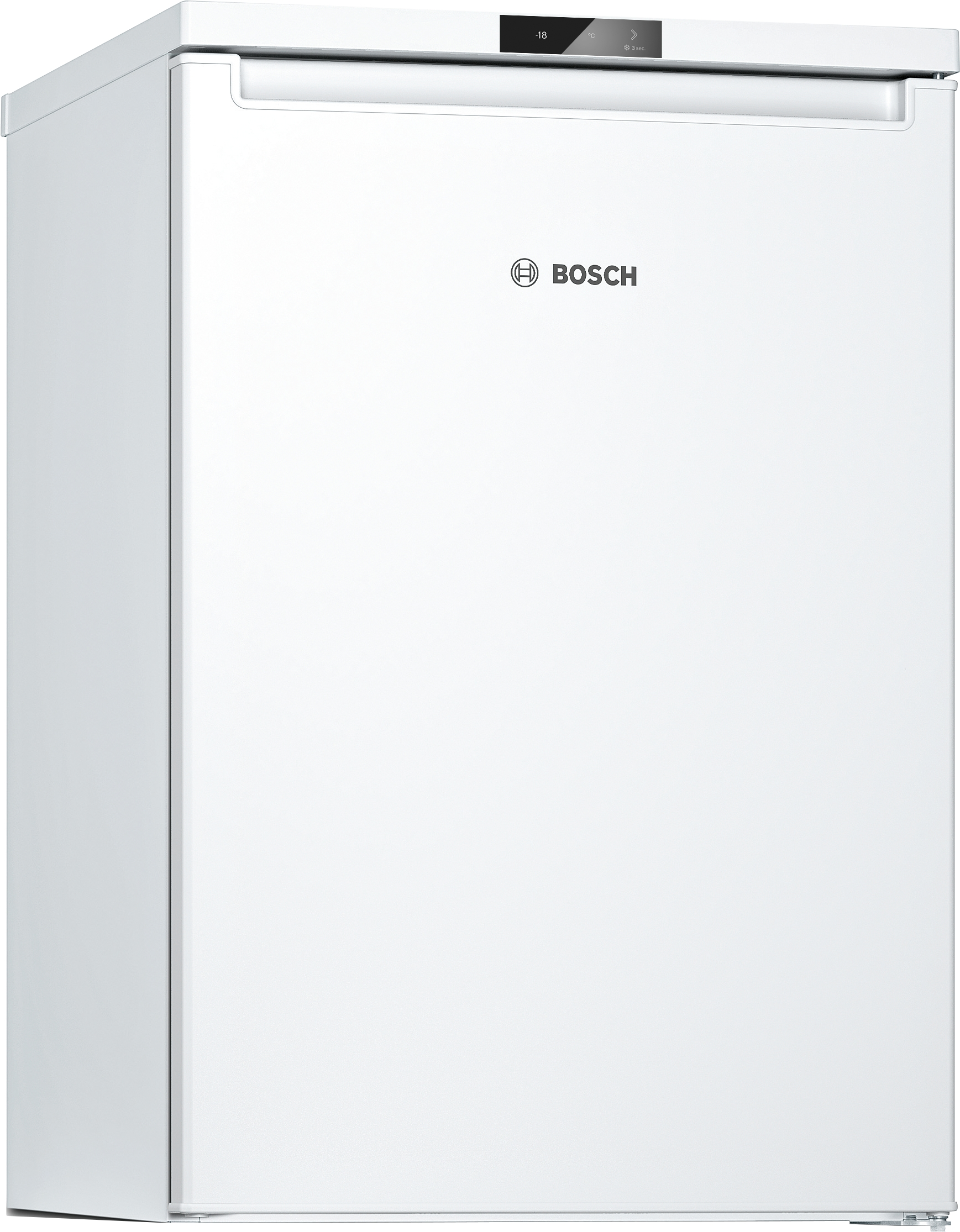 Ein weißer Bosch-Gefrierschrank. Oben befindet sich eine Digitalanzeige mit -18 Grad. Das Bosch-Logo ist auf der Vorderseite.