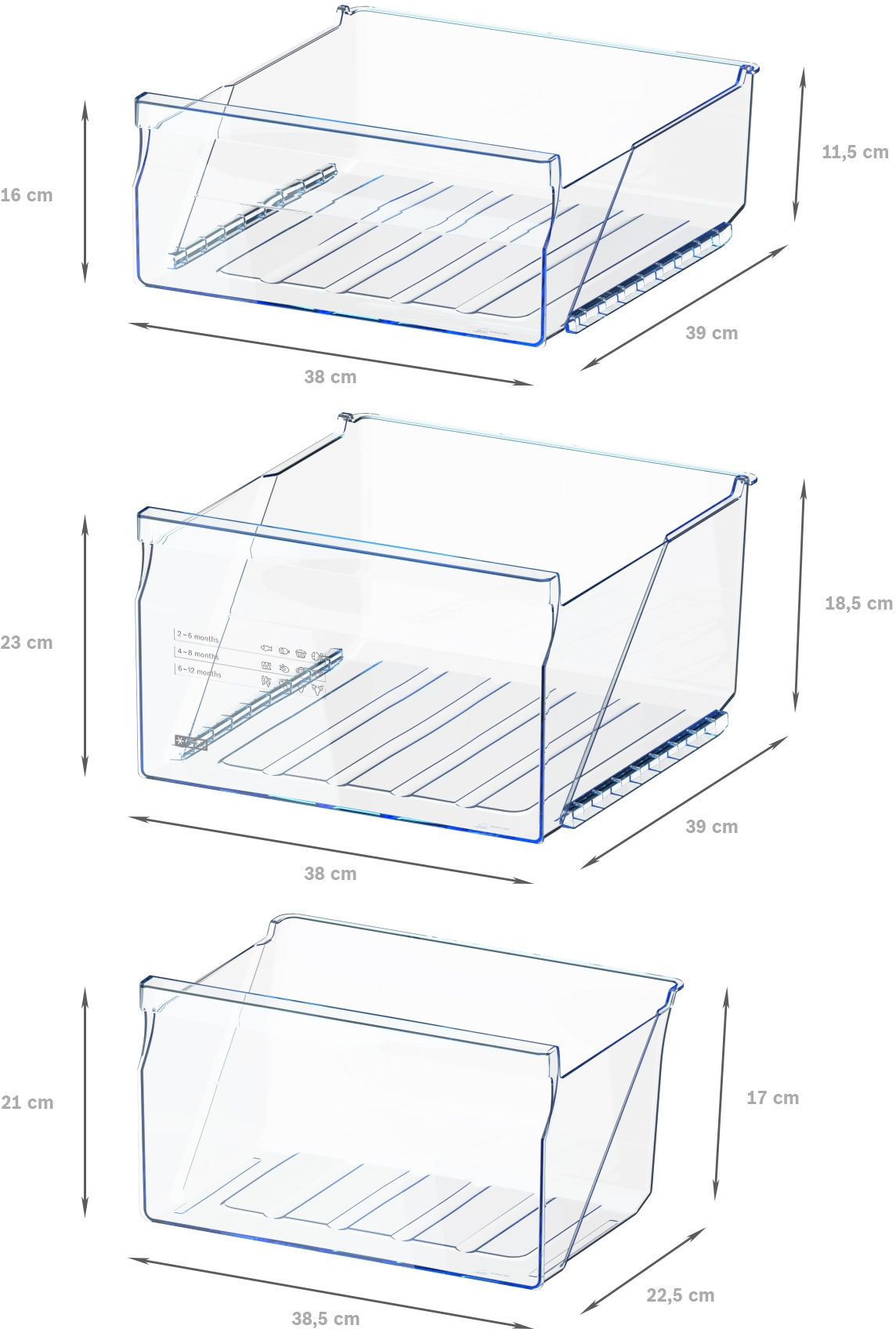 Drei transparente Kühlschubladen aus Kunststoff mit angegebenen Abmessungen. Jede hat eine andere Größe, mit sichtbaren Maßen in cm.