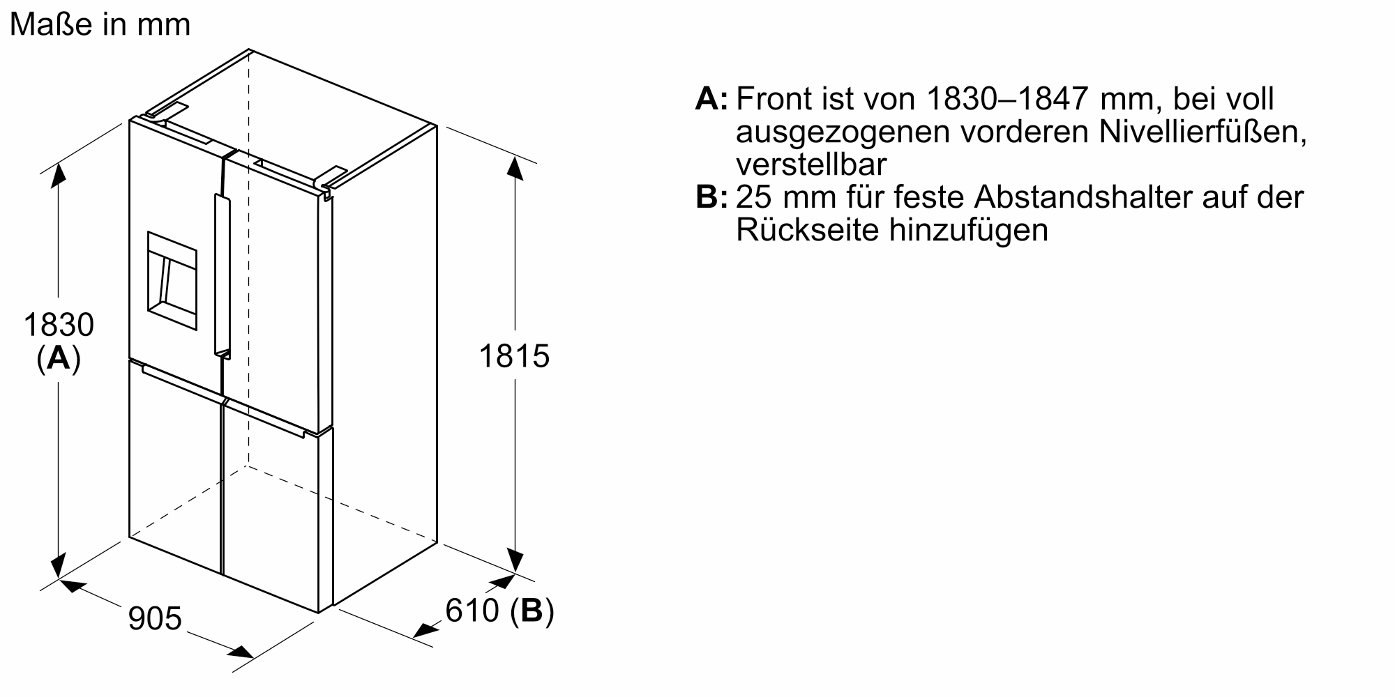 Ein weißer Kühlschrank mit Maßangaben. Er hat zwei Türen oben und zwei unten. Die Maße sind 1830 mm hoch, 905 mm breit und 610 mm tief.