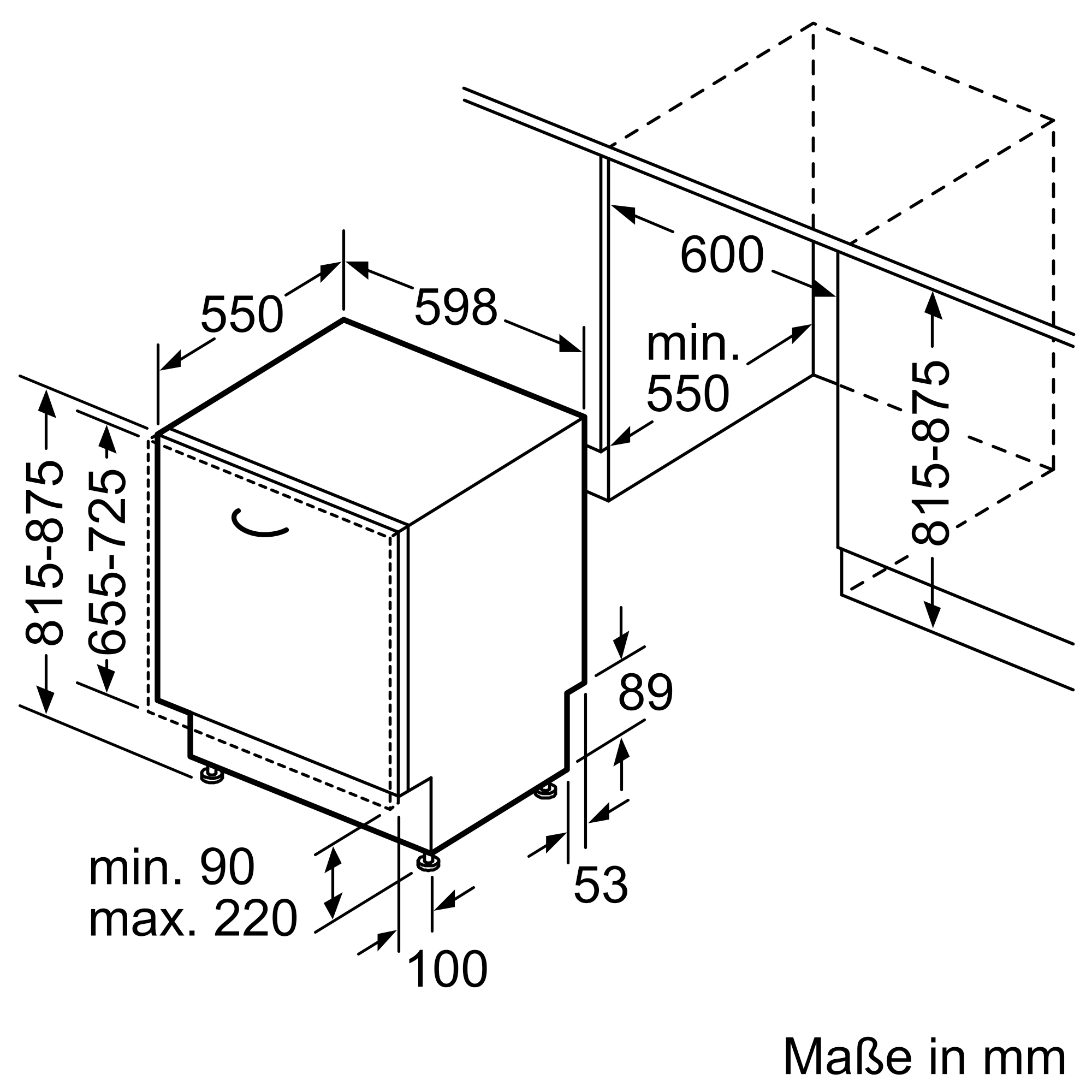 Diagramm, das die Abmessungen eines Geschirrspülers mit Maßen in Millimetern zeigt.