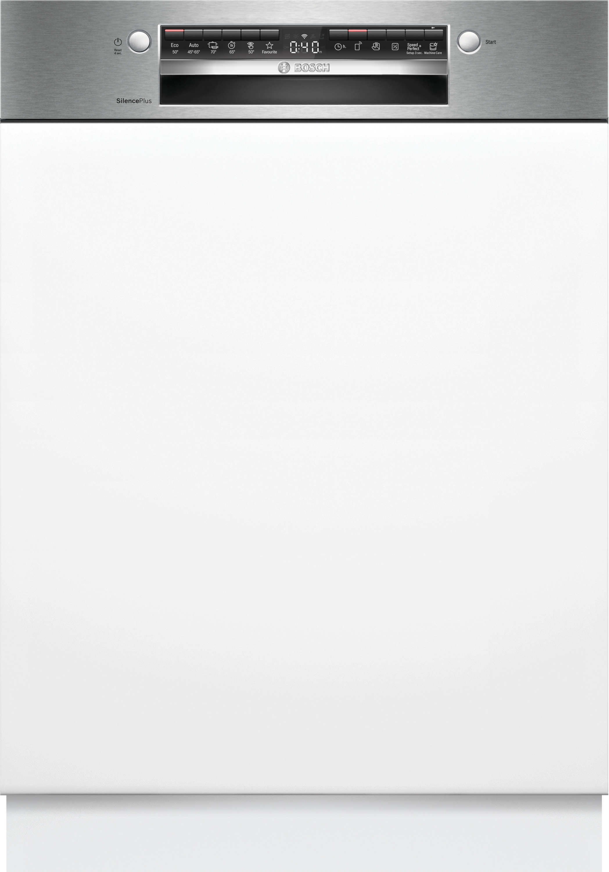 Weißer Bosch Geschirrspüler mit Edelstahl-Bedienfeld. Die Tür ist geschlossen.