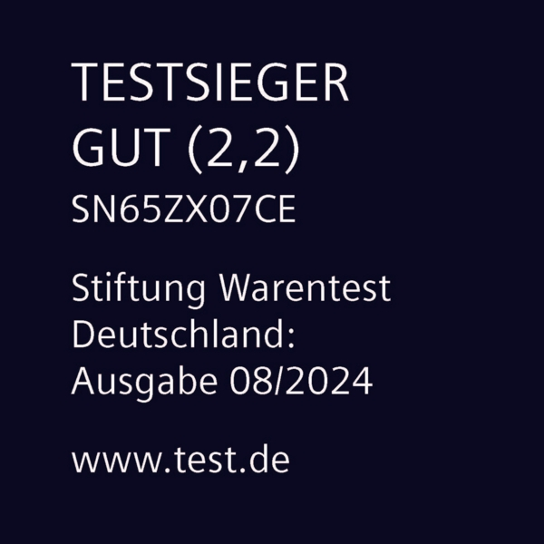 Text auf dunkelblauem Hintergrund, einschließlich 'TESTSIEGER GUT', Modellnummer und 'Stiftung Warentest'-Informationen.