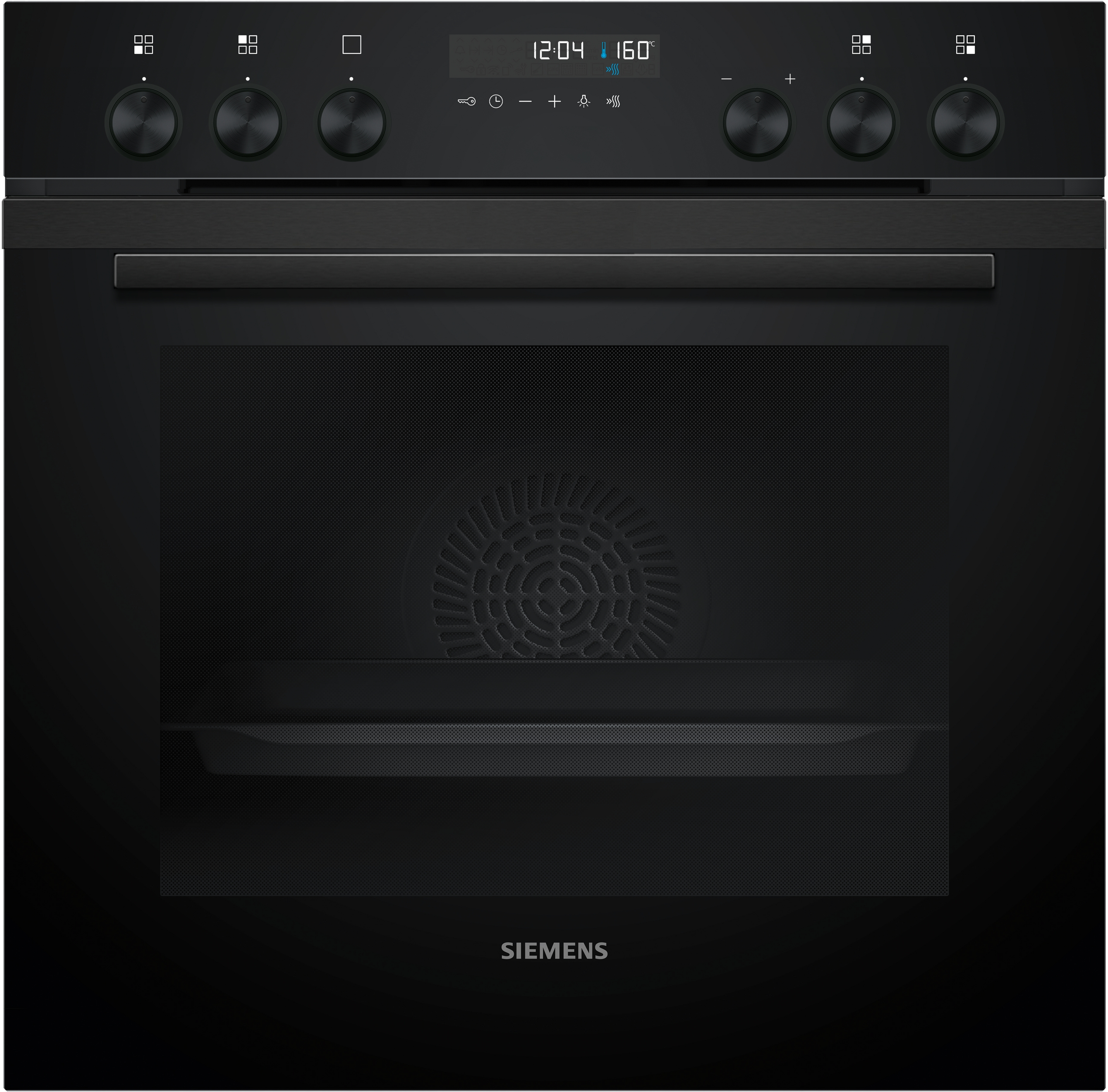 Ein schwarzer Backofen mit Bedienknöpfen, Digitalanzeige für Zeit und Temperatur und dem Siemens-Logo.