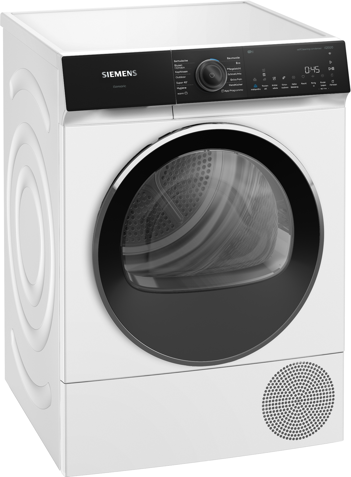 Ein weißer Siemens Trockner mit schwarzer Tür und Bedienfeld.