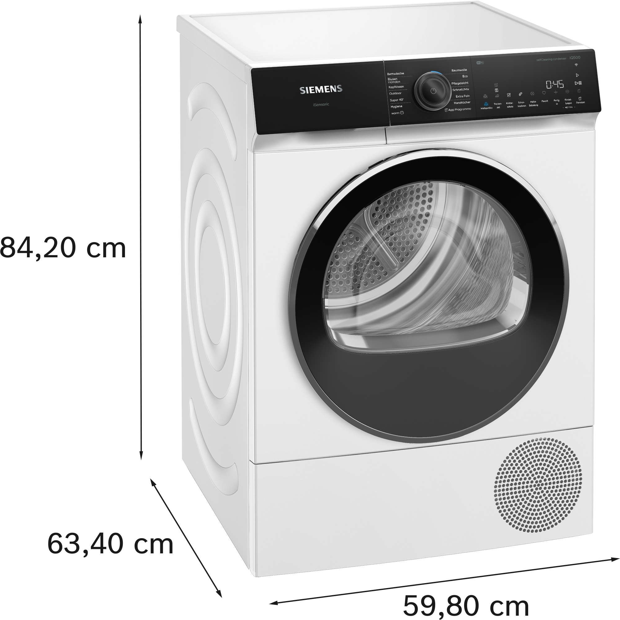 Weißer Siemens Trockner mit Abmessungen: 84,20 cm hoch, 63,40 cm tief und 59,80 cm breit.