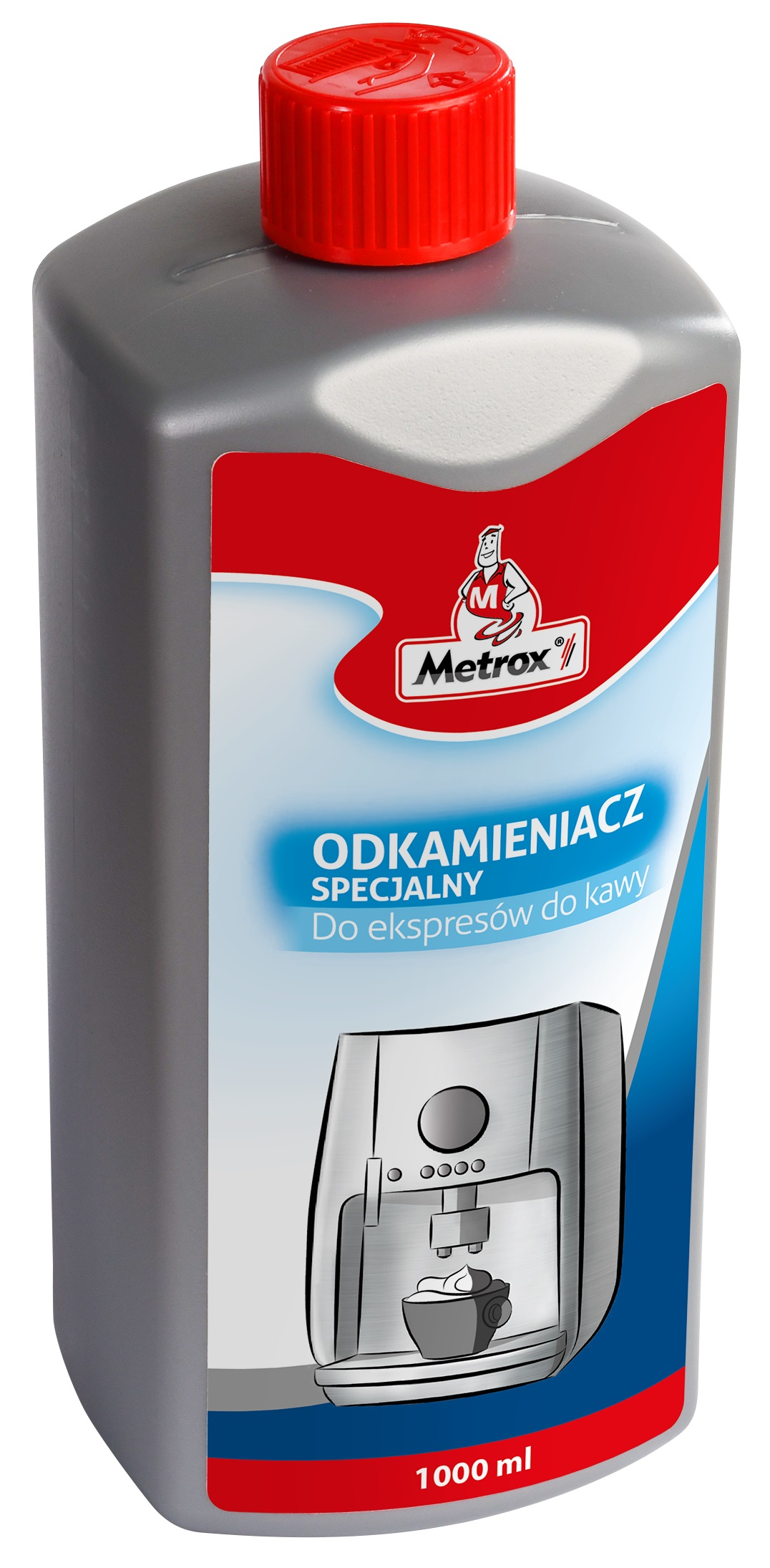 Szara, prostokątna butelka z czerwoną zakrętką i etykietą.