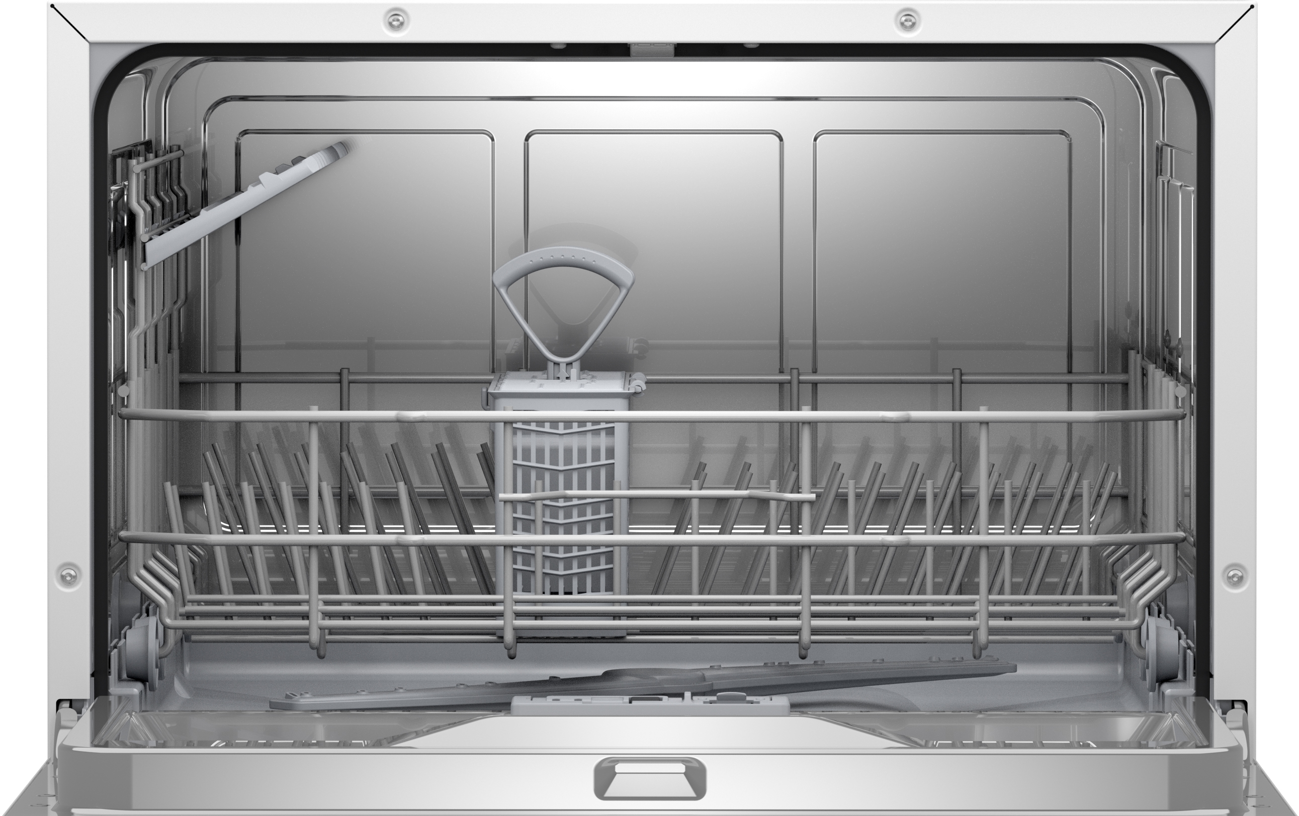 Im Inneren eines Geschirrspülers, mit Gestellen und Sprüharmen.