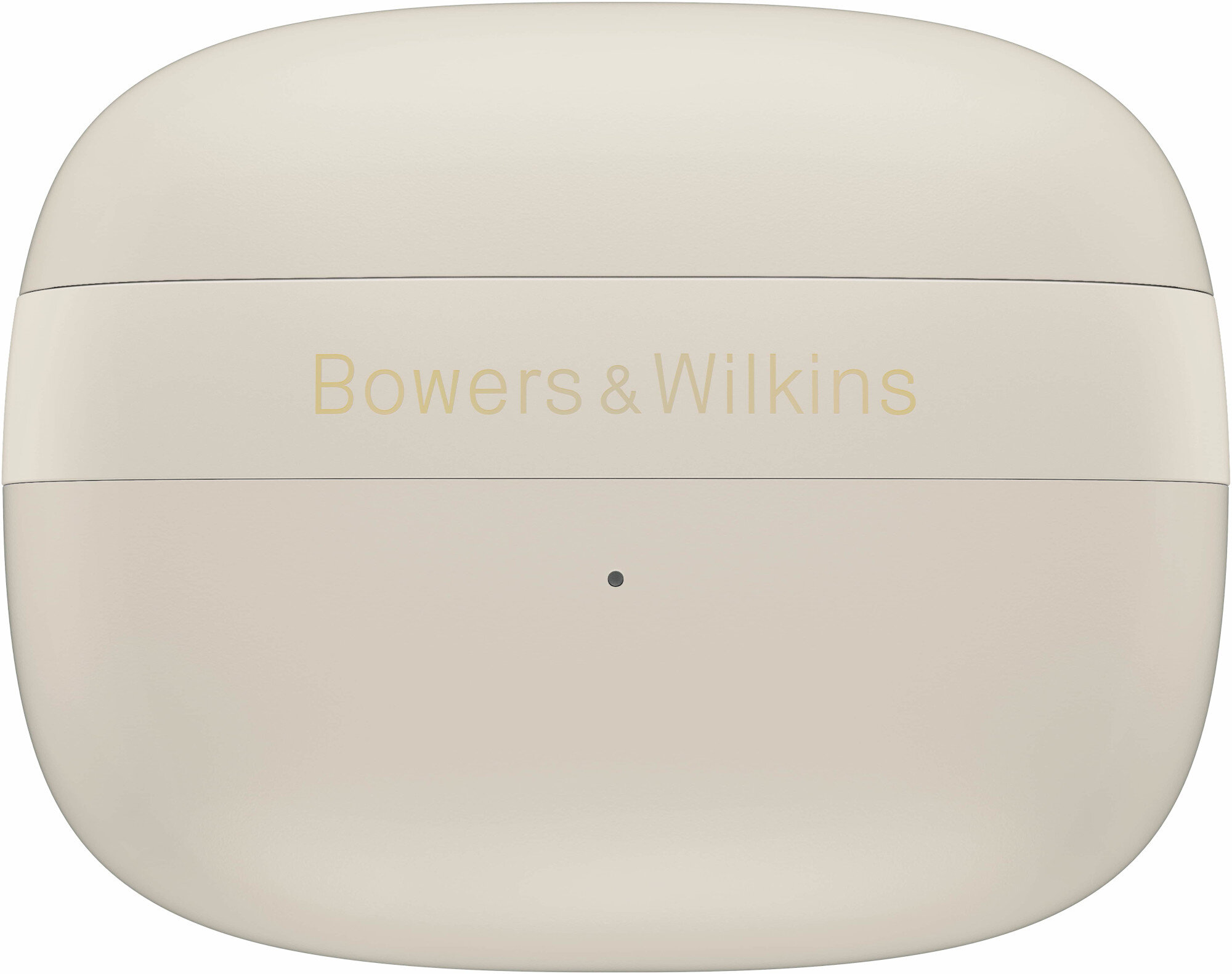 Beżowe etui na słuchawki z logo Bowers & Wilkins.
