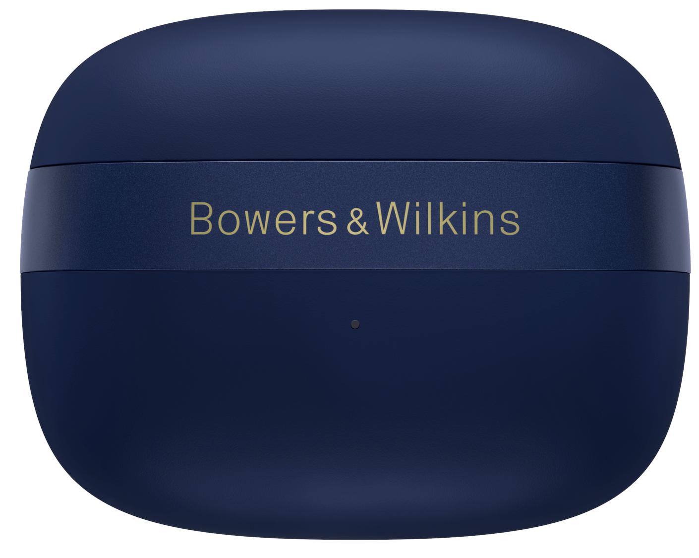 Niebieskie, owalne etui ładujące słuchawki.