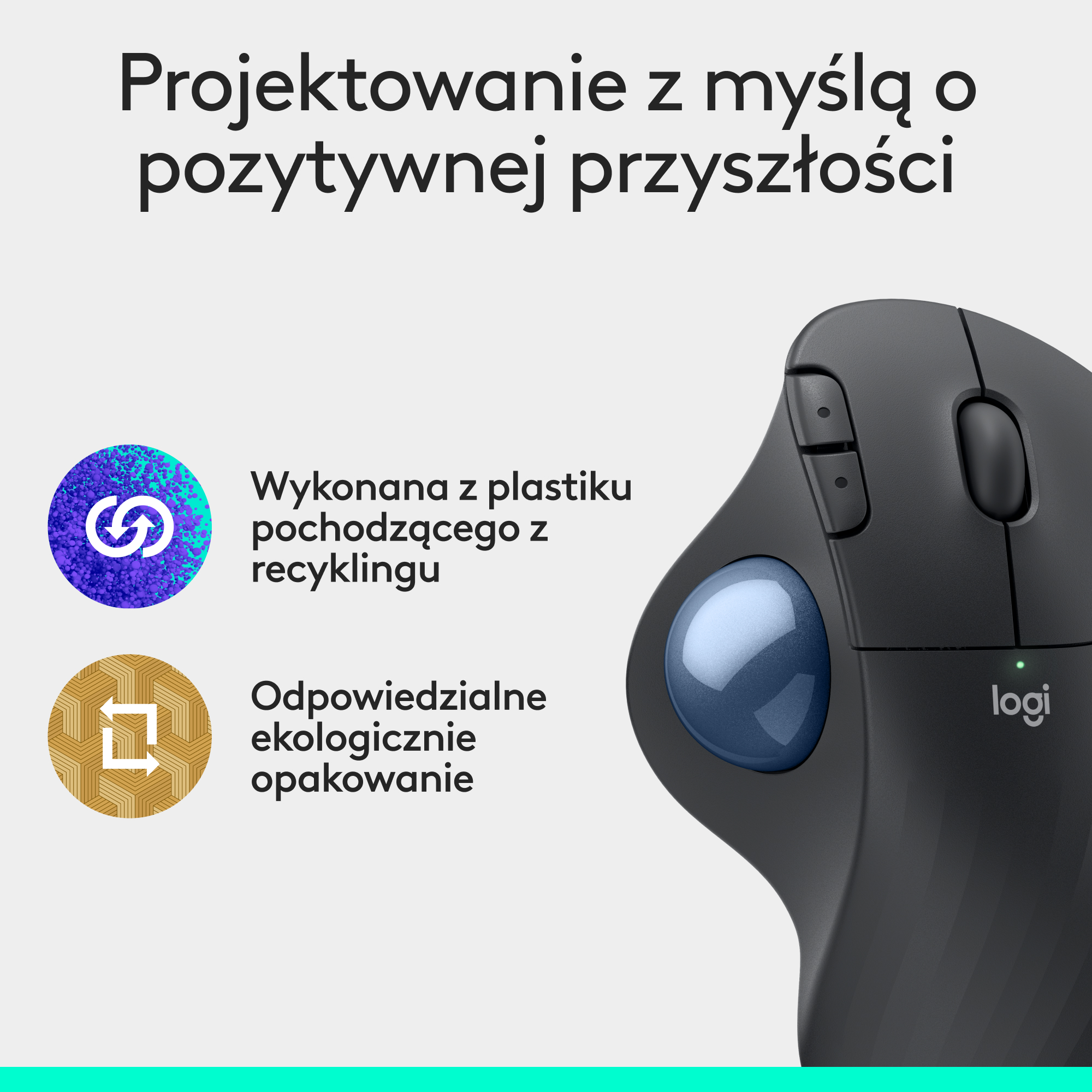 Czarna ergonomiczna mysz z niebieską kulką i logo z polskim tekstem na turkusowym tle.