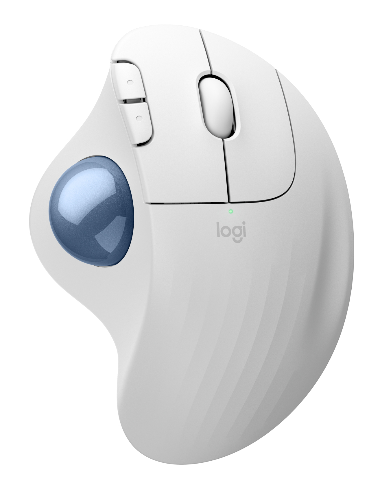 Biała ergonomiczna mysz z niebieską kulką i przyciskami. Logo Logitech widoczne na białym tle.