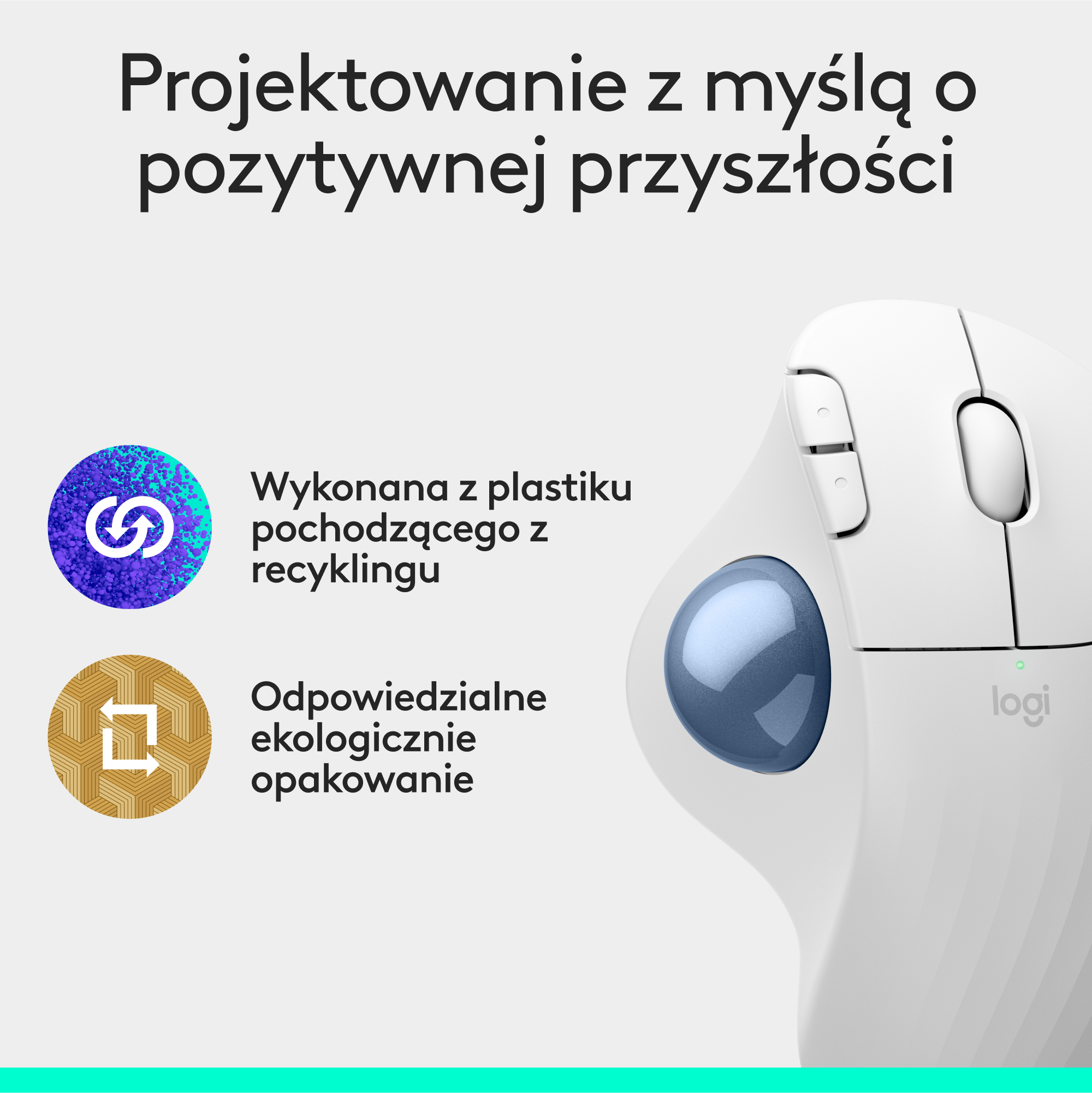 Biała mysz z niebieską kulką. Tekst po polsku o recyklingu i ekologicznym opakowaniu.