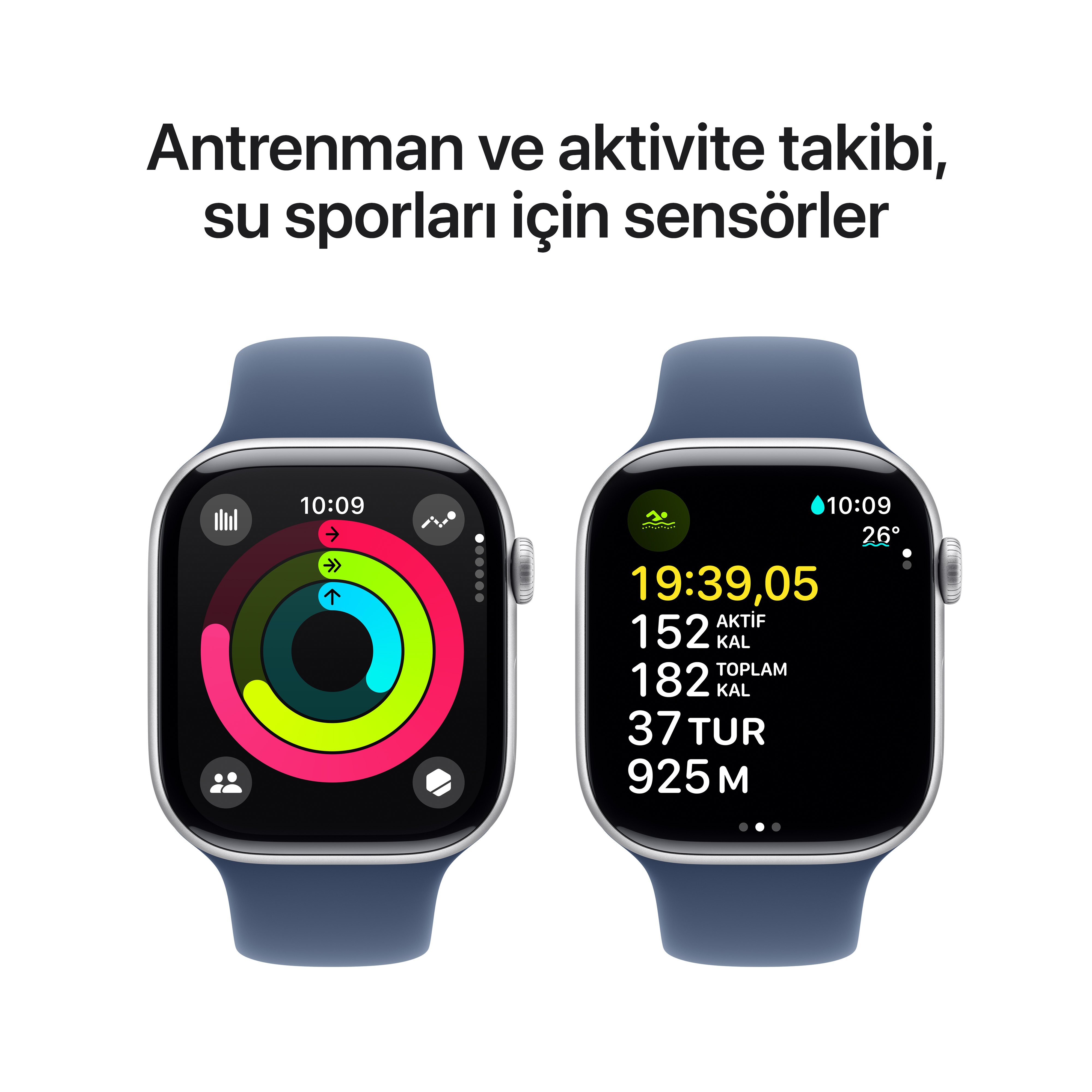 Mavi bantlı iki akıllı saat, aktivite metriklerini gösteriyor.