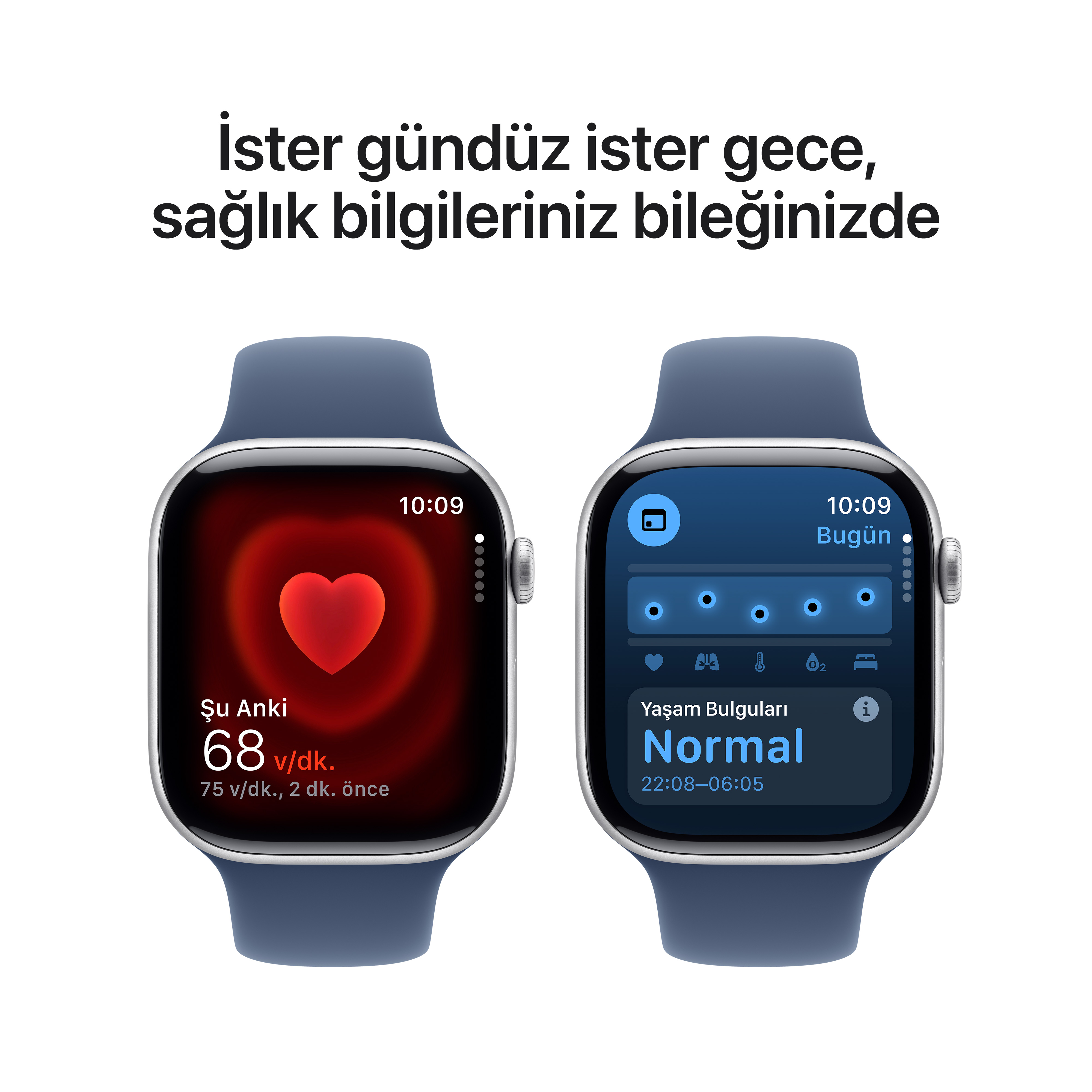 Ekranda sağlık verileri görüntülenen iki akıllı saat.
