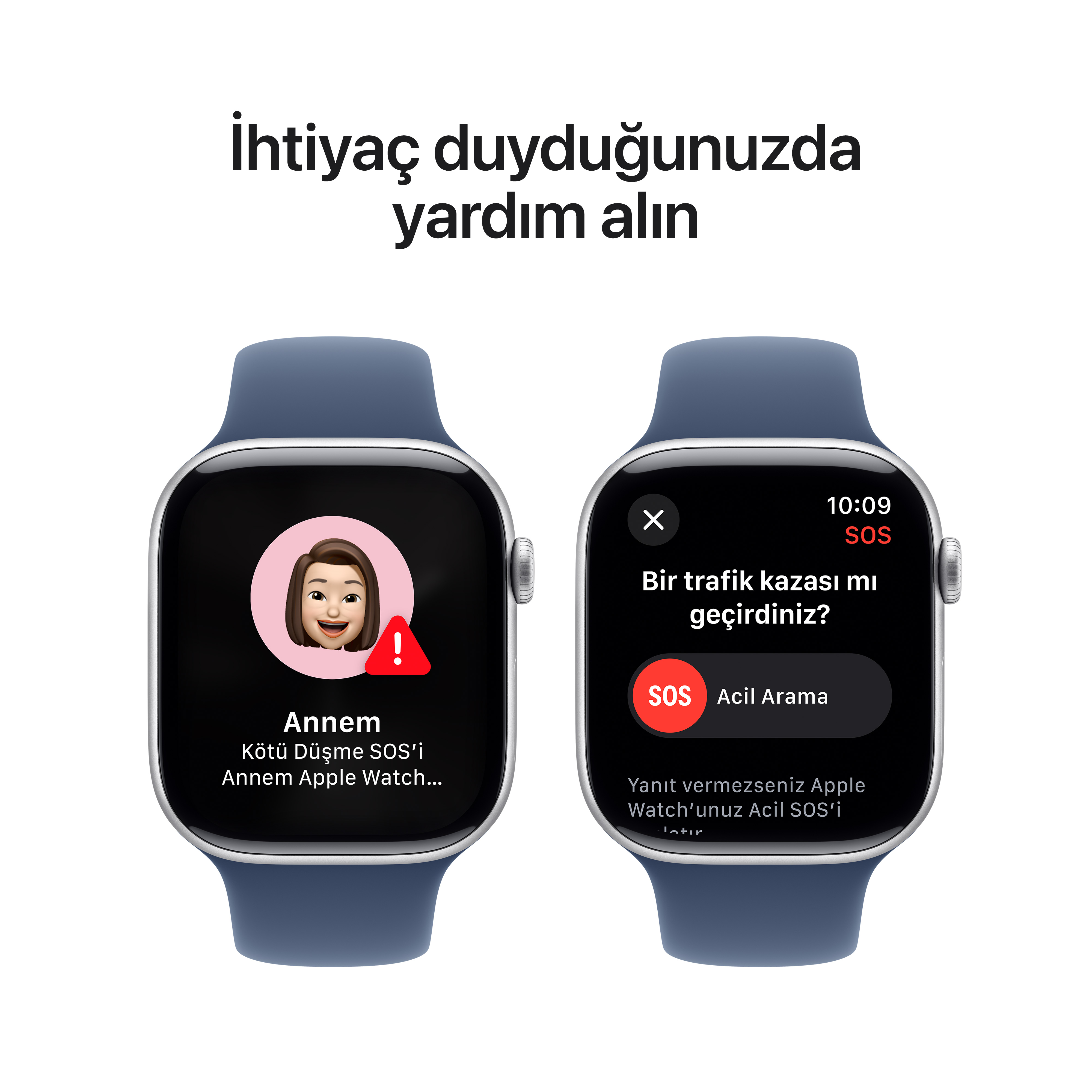 Acil çağrı uyarısı ve bir kişi fotoğrafı bulunan akıllı saat arayüzü.