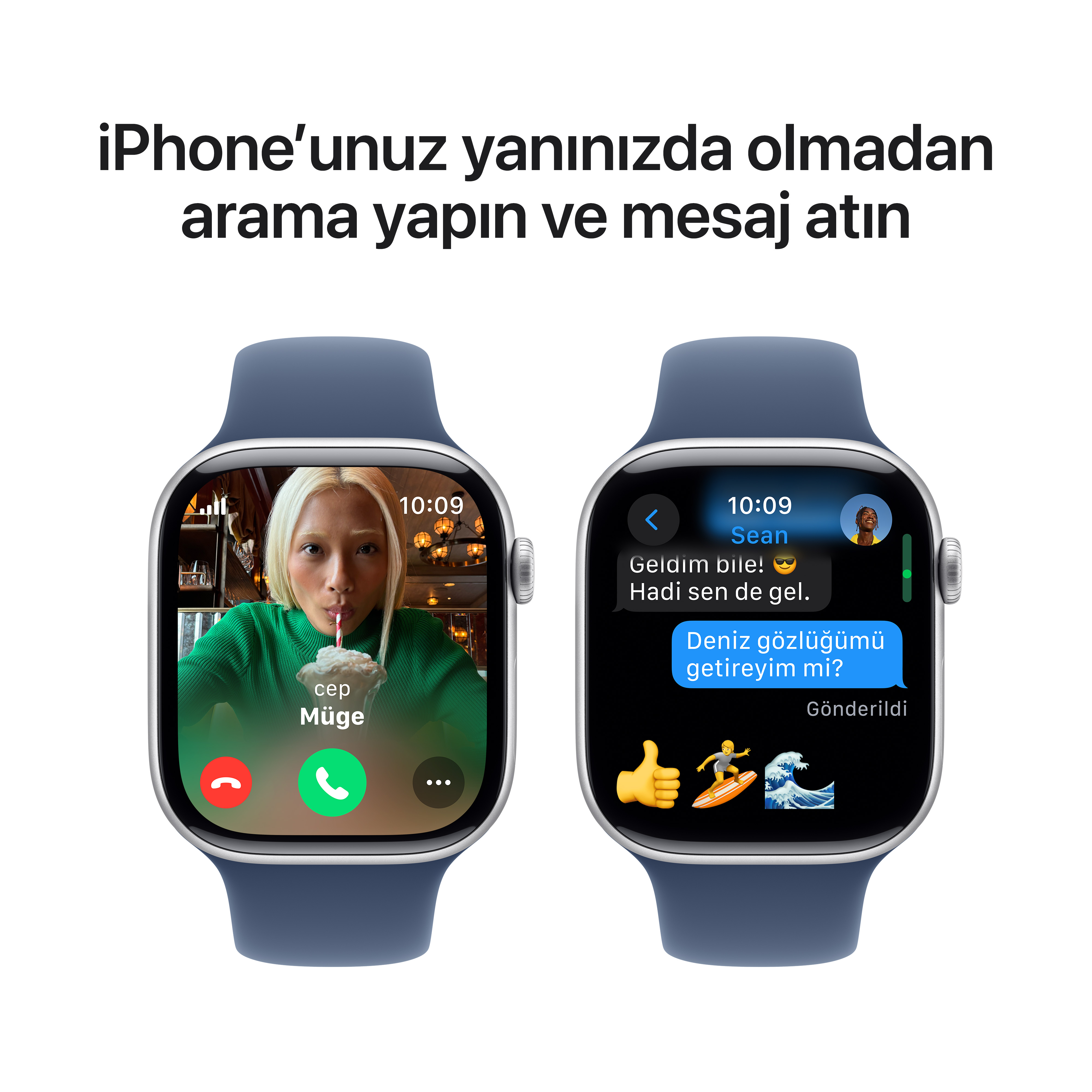 Beyaz arka planda iki akıllı saat, aramaları ve mesajları gösteriyor.