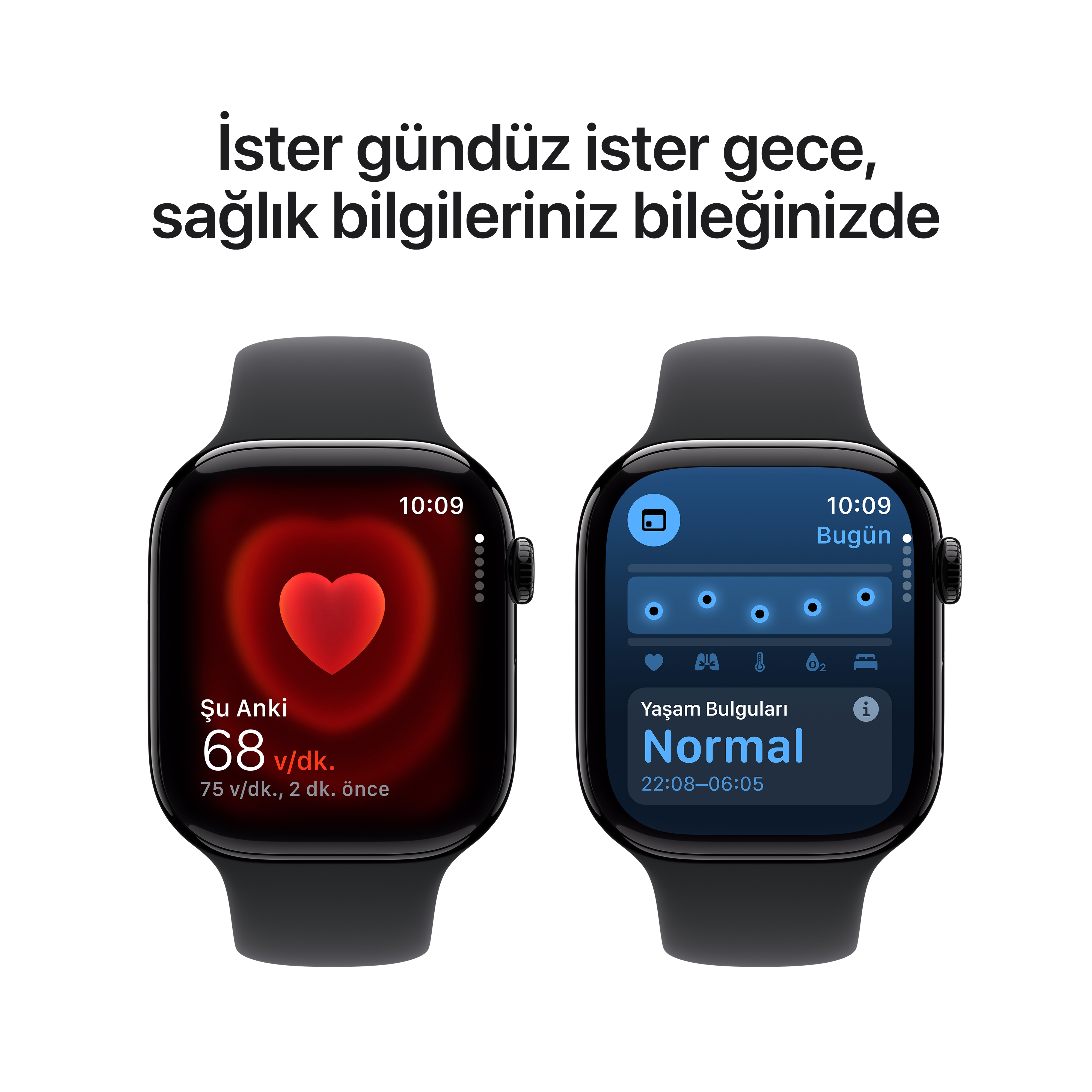 İki siyah akıllı saat, kalp atış hızı dahil sağlık verilerini gösteriyor.