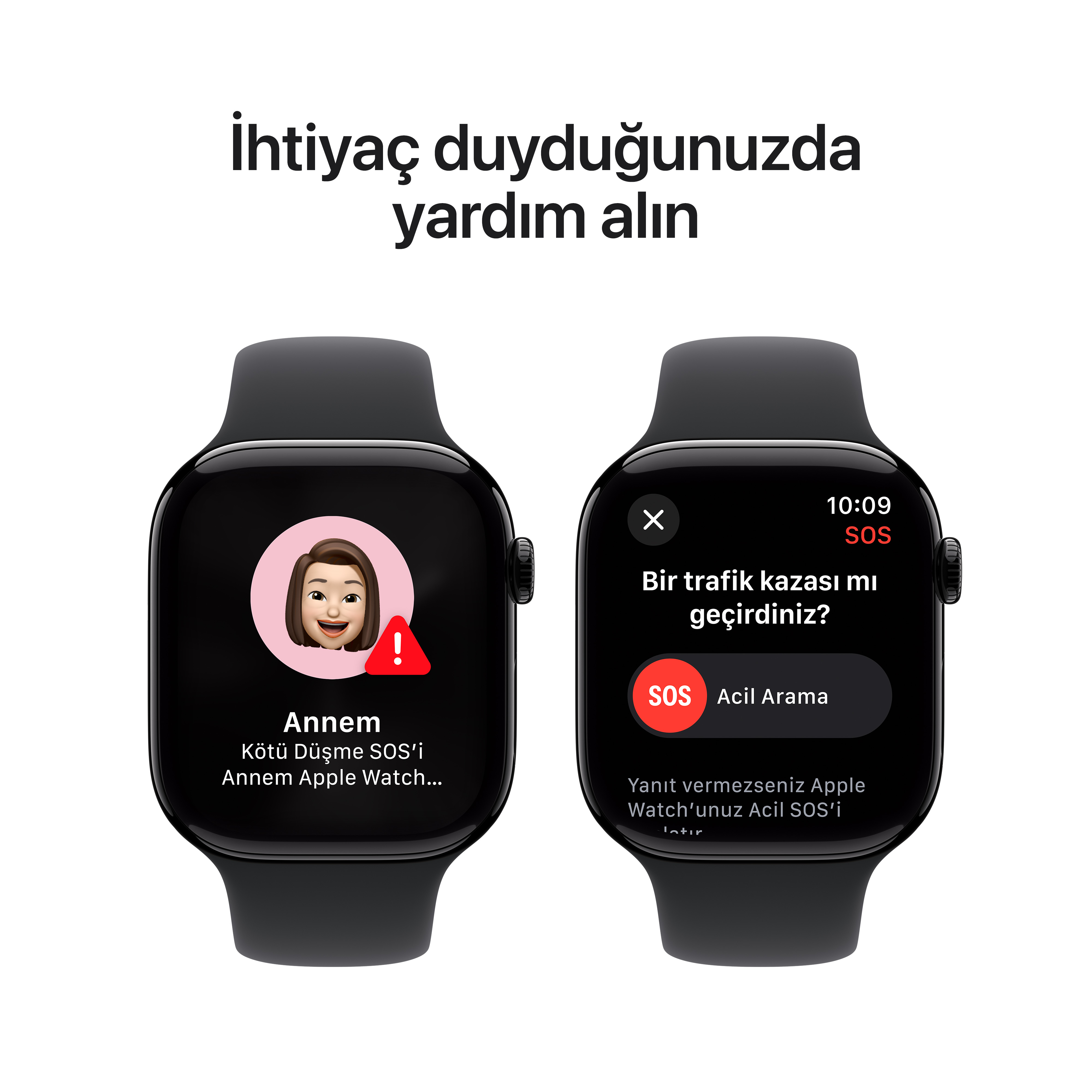 İki akıllı saat, acil durum SOS mesajları gösteriyor.