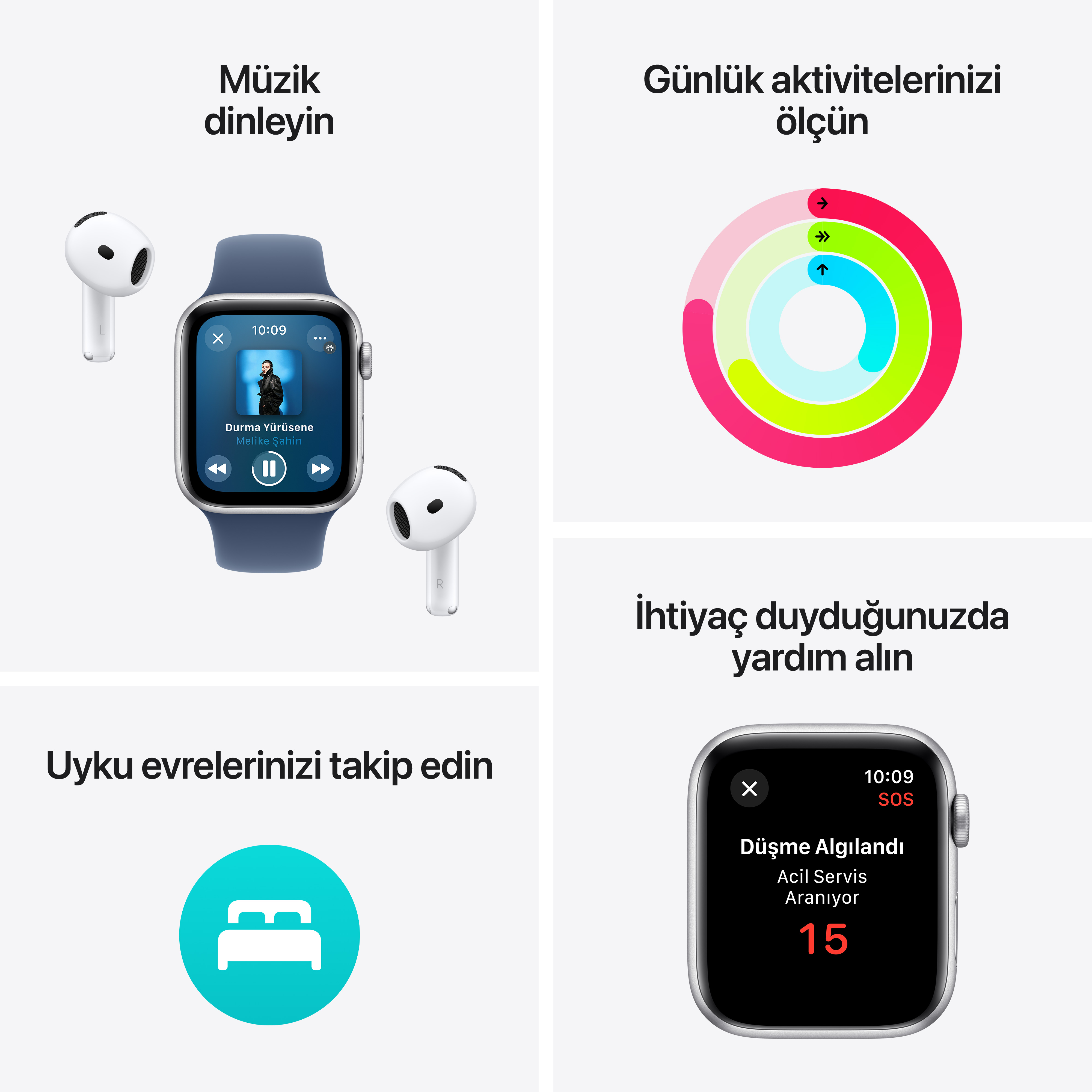 Dört saat ve uygulama özelliği: Müzik dinleyin, günlük aktivitelerinizi takip edin ve daha fazlası.