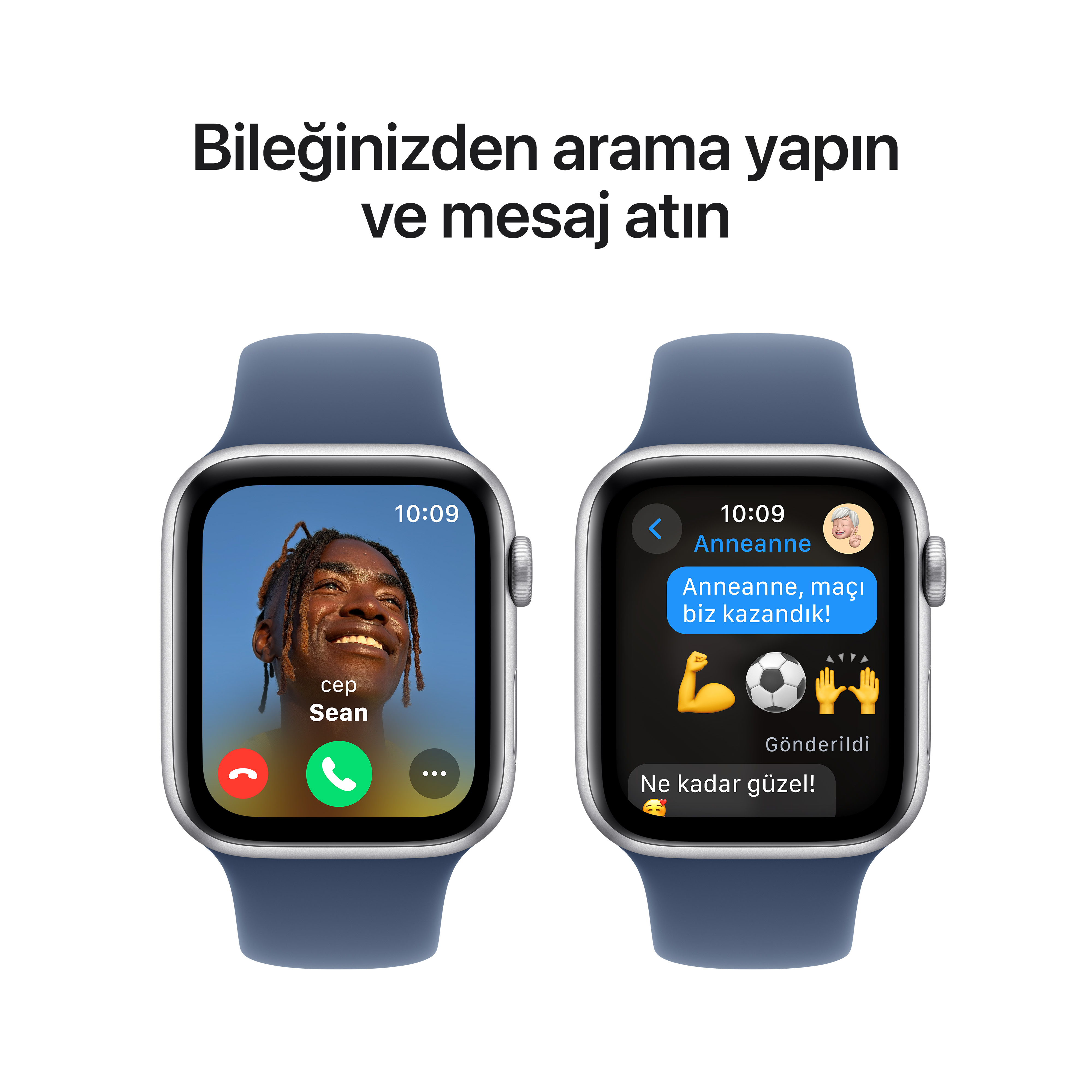 Mavi kayışlı iki akıllı saat, bir arama ve bir metin gösteriyor.