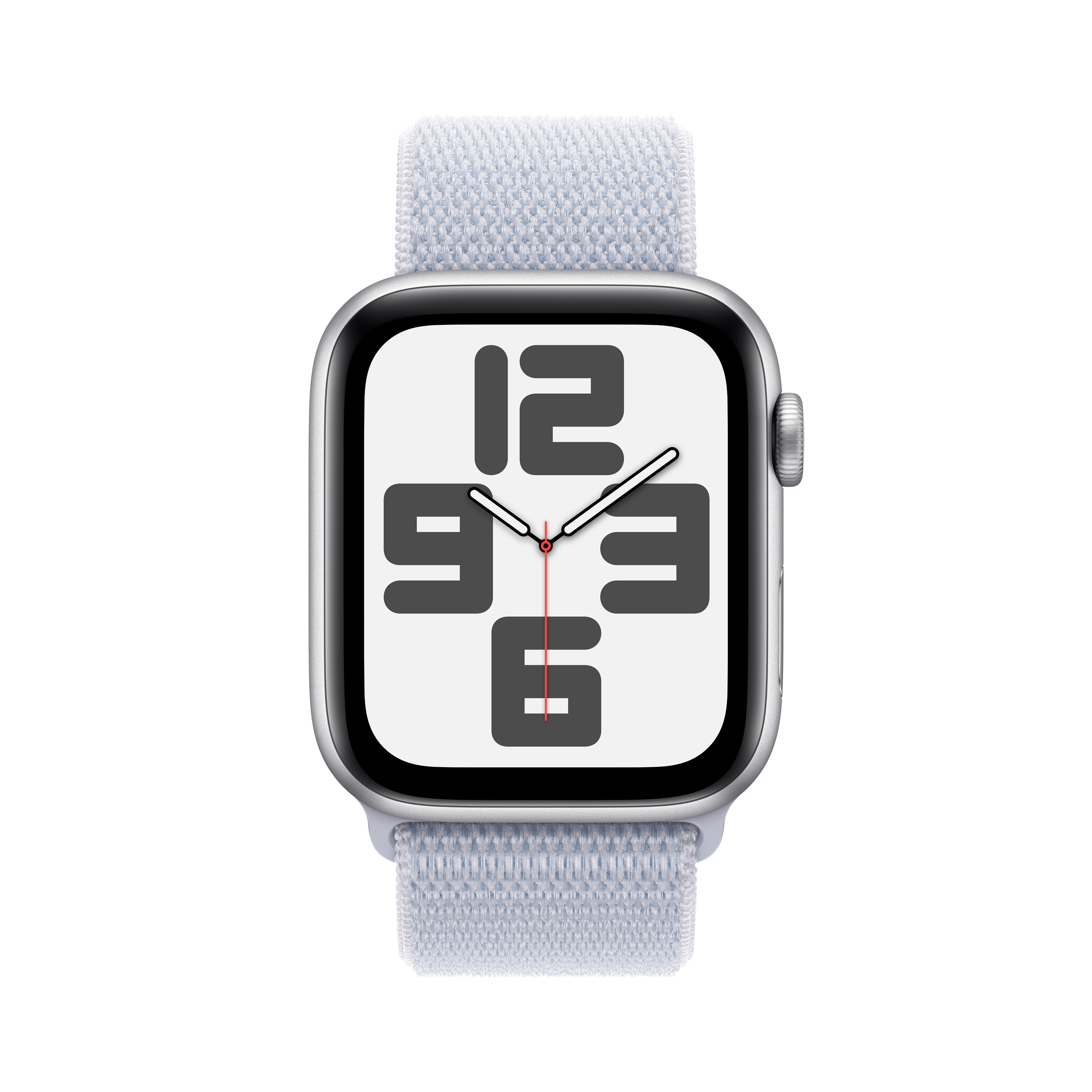 Açık mavi kayışlı gümüş Apple Watch. Saat yüzü 9:36'yı gösteriyor.