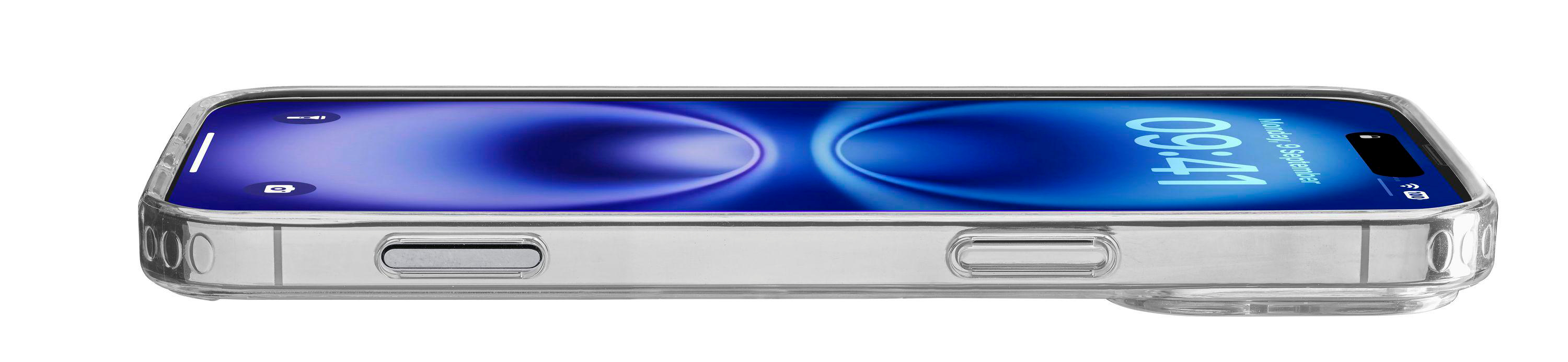 Transparente Handyhülle mit Handy. Der Bildschirm zeigt Uhrzeit und Datum, die Hülle hat Knöpfe.