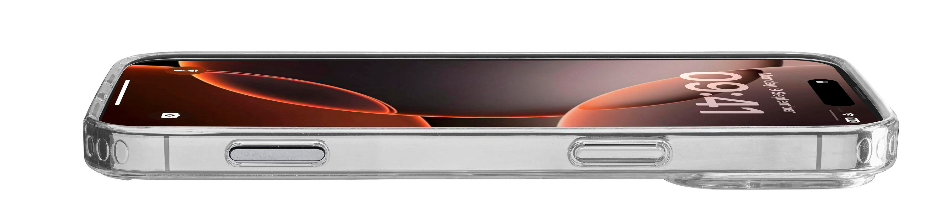 iPhone in einer transparenten Hülle. Seitenansicht, zeigt Knöpfe und Uhrzeit auf dem Bildschirm.