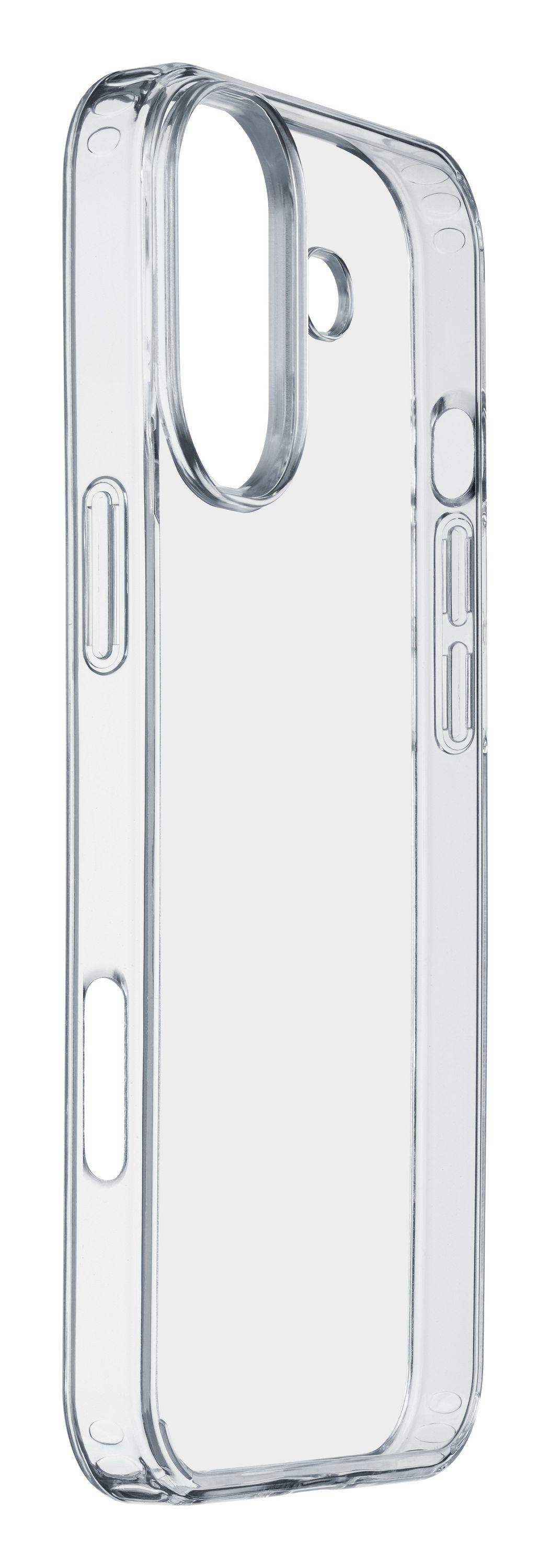 Transparente Handyhülle. Seitenansicht zeigt eine Handyhülle mit Knopfausschnitten und Kameraöffnung.