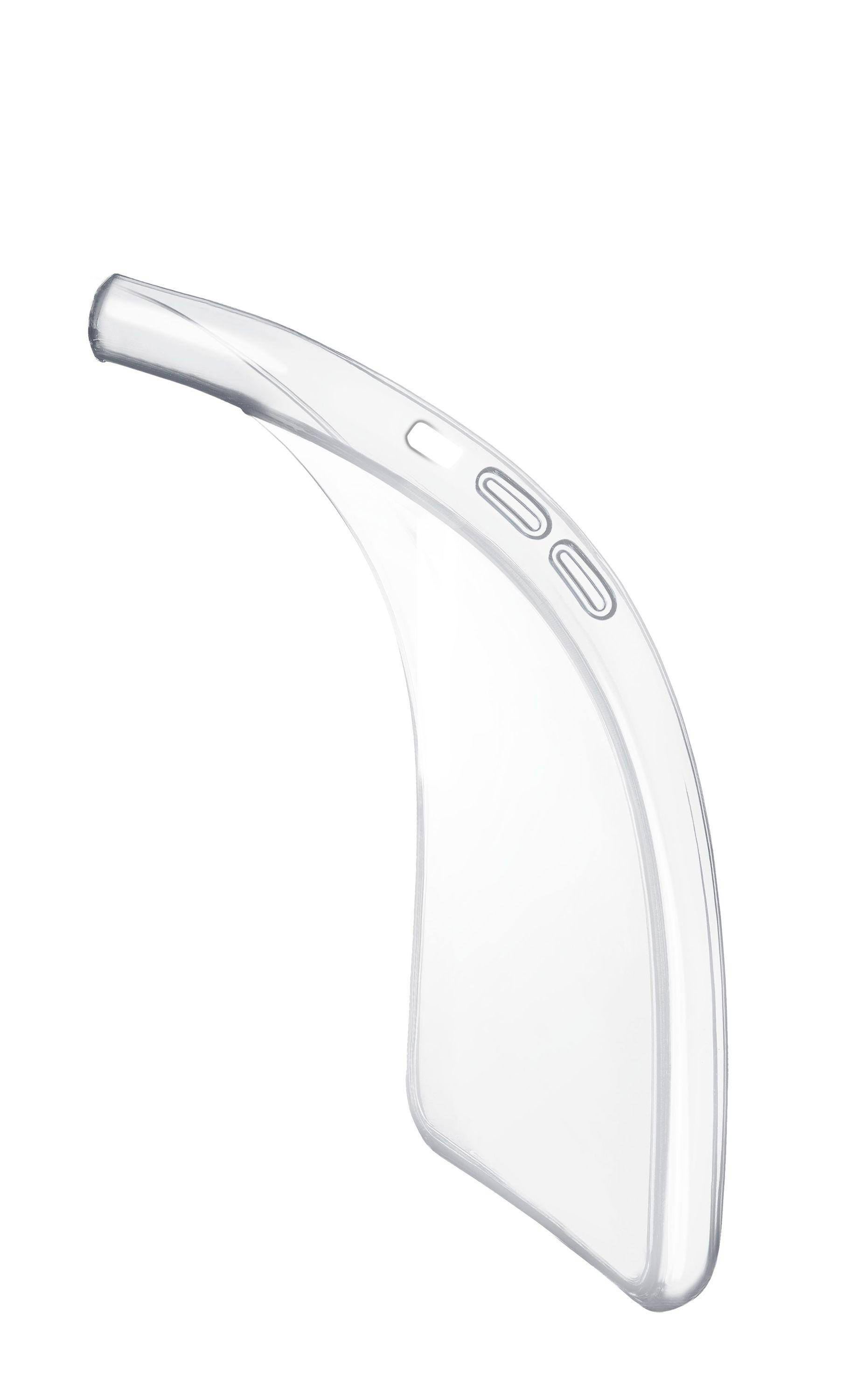 Transparente Handyhülle, zeigt die Seite mit Knöpfen und einem gebogenen Design. Die Hülle ist klar.