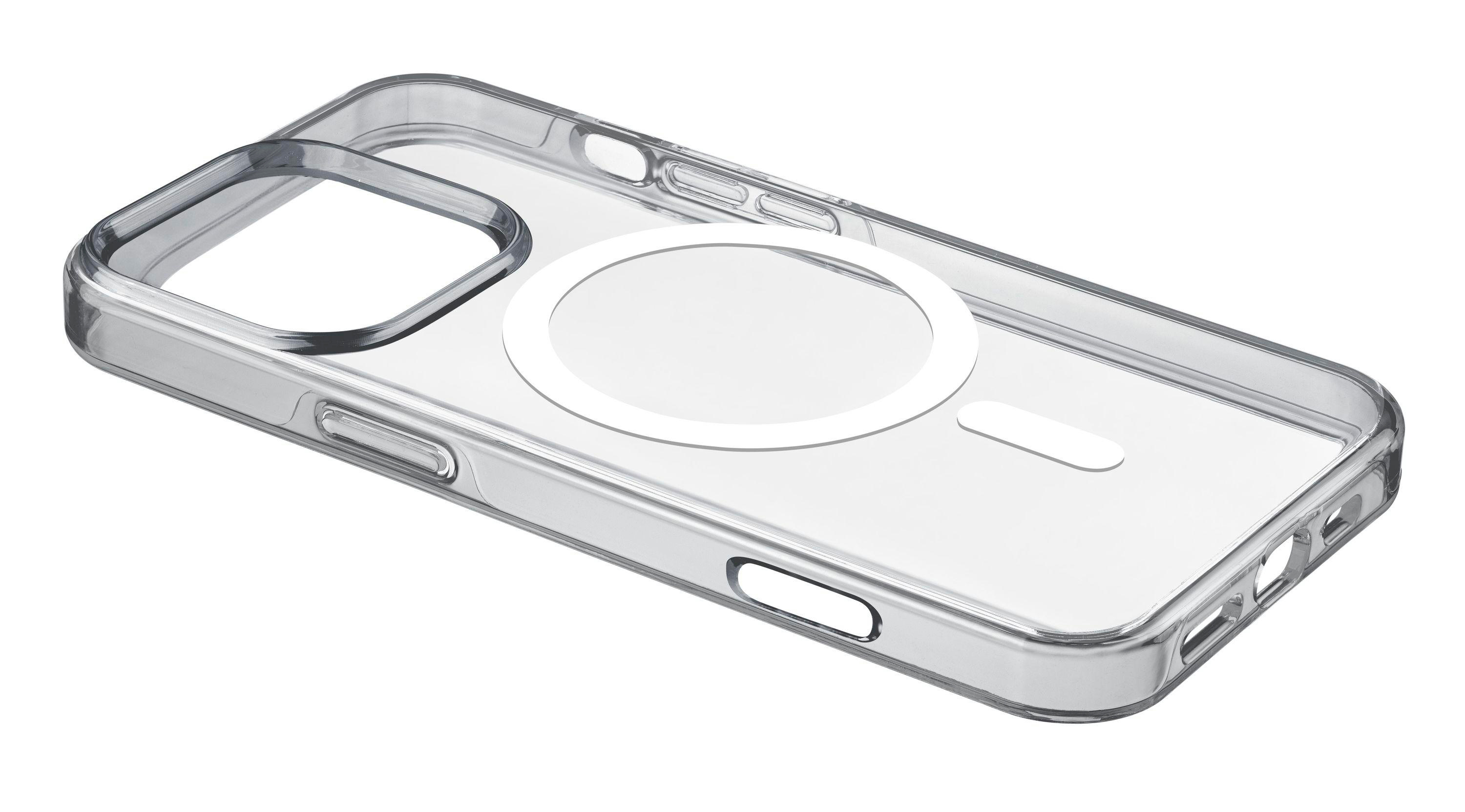 Transparente iPhone-Hülle mit weißem Ring und Rechteck auf der Rückseite, schräge Ansicht.