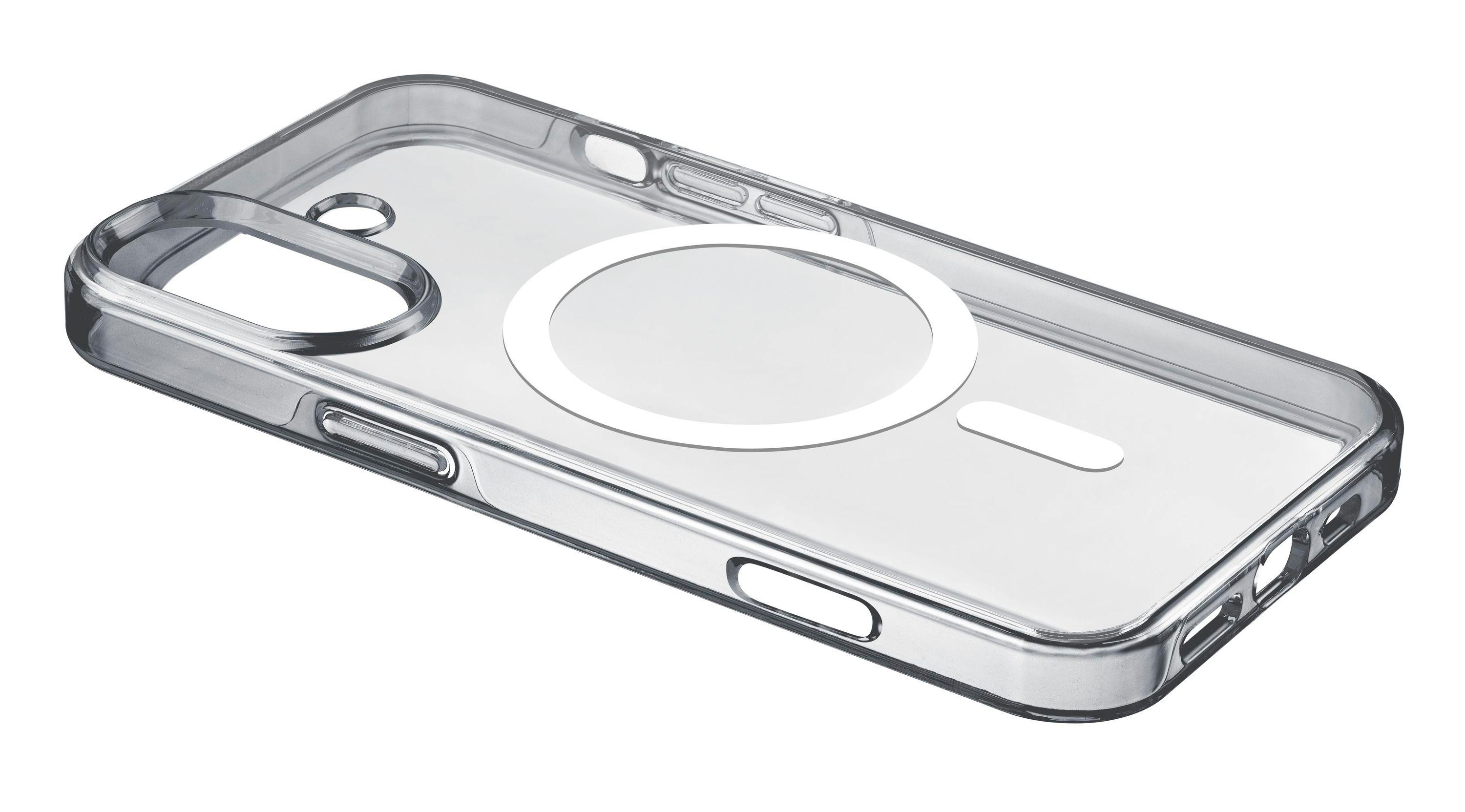 Transparente iPhone-Hülle mit weißem, kreisförmigem MagSafe-Element.