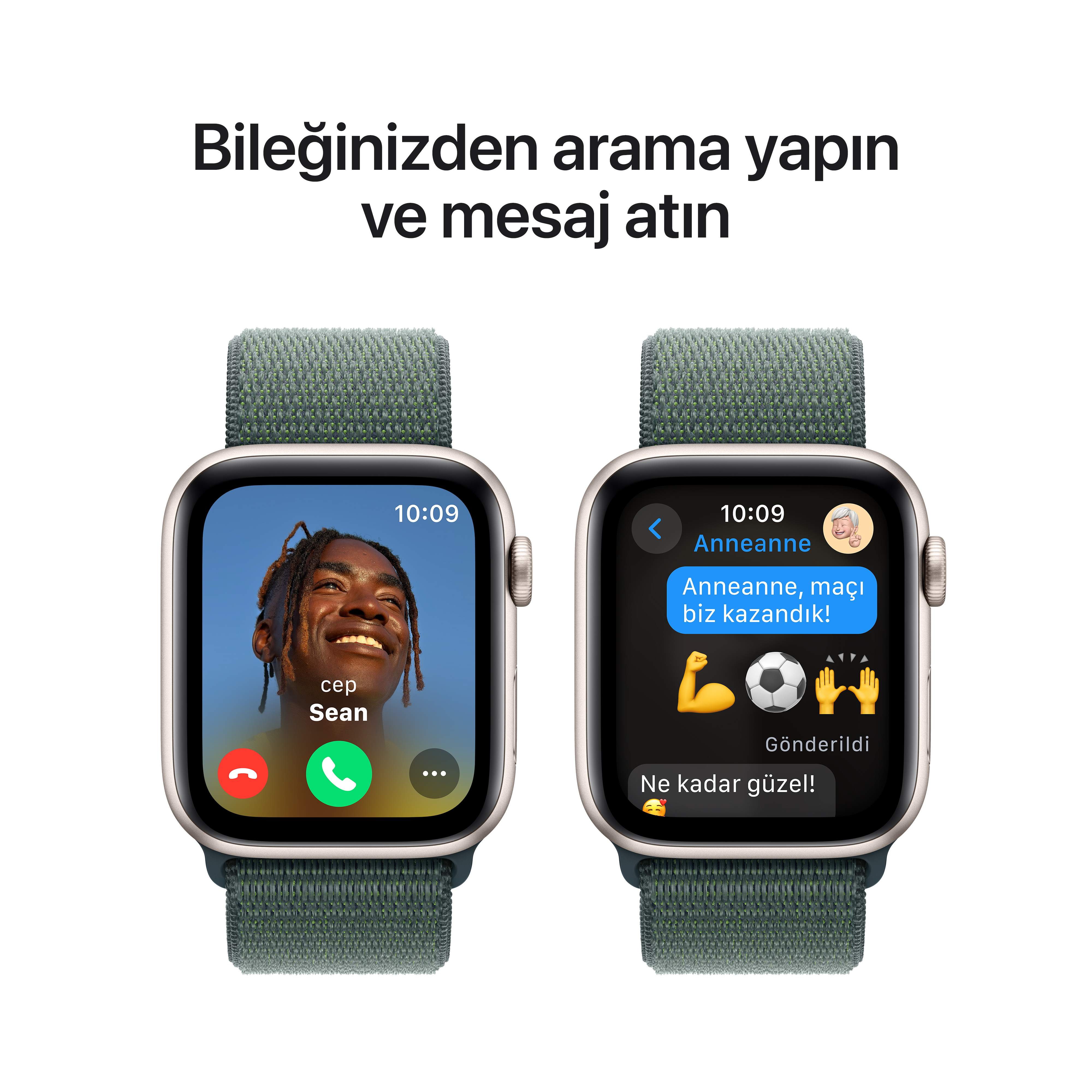 İki akıllı saat, arama ve mesaj ekranlarını gösteriyor. Üstte, 'Bileğinizden arayın ve mesaj yazın' yazısı.