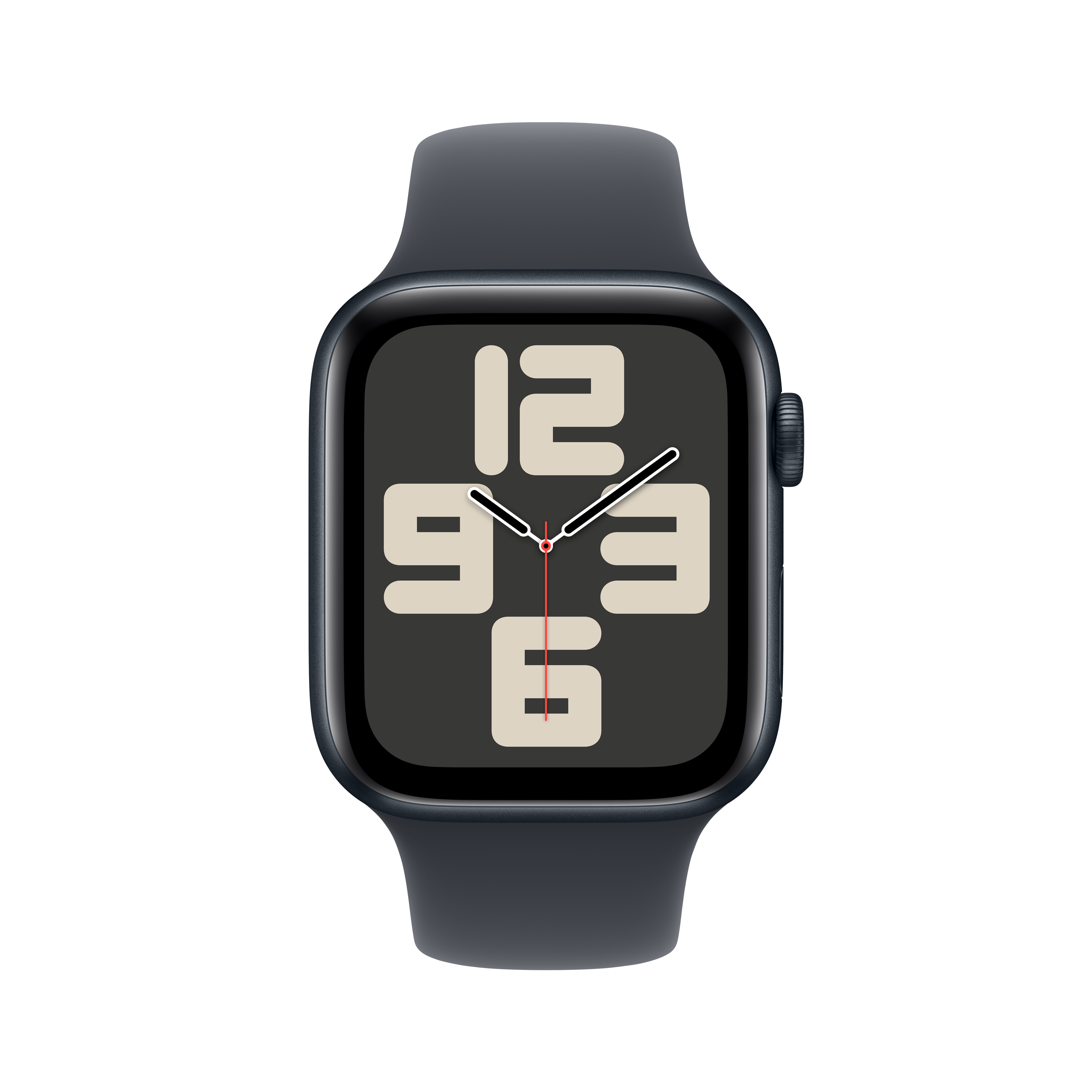 Koyu mavi kayışlı ve büyük rakamlar gösteren dijital ekranlı bir Apple Watch.