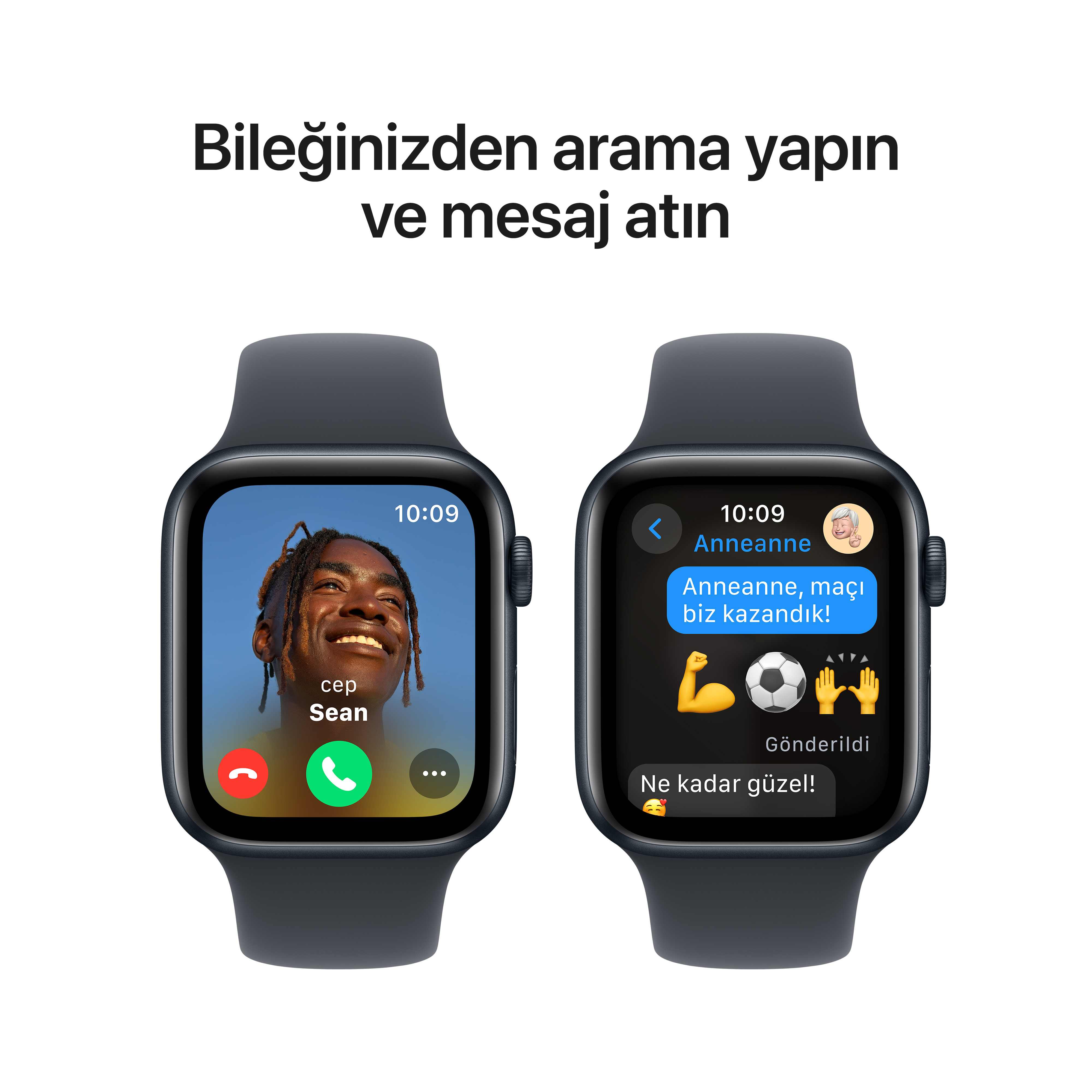 Ekranlarında bir çağrı ve bir mesaj görüntüleyen iki Apple Watch.