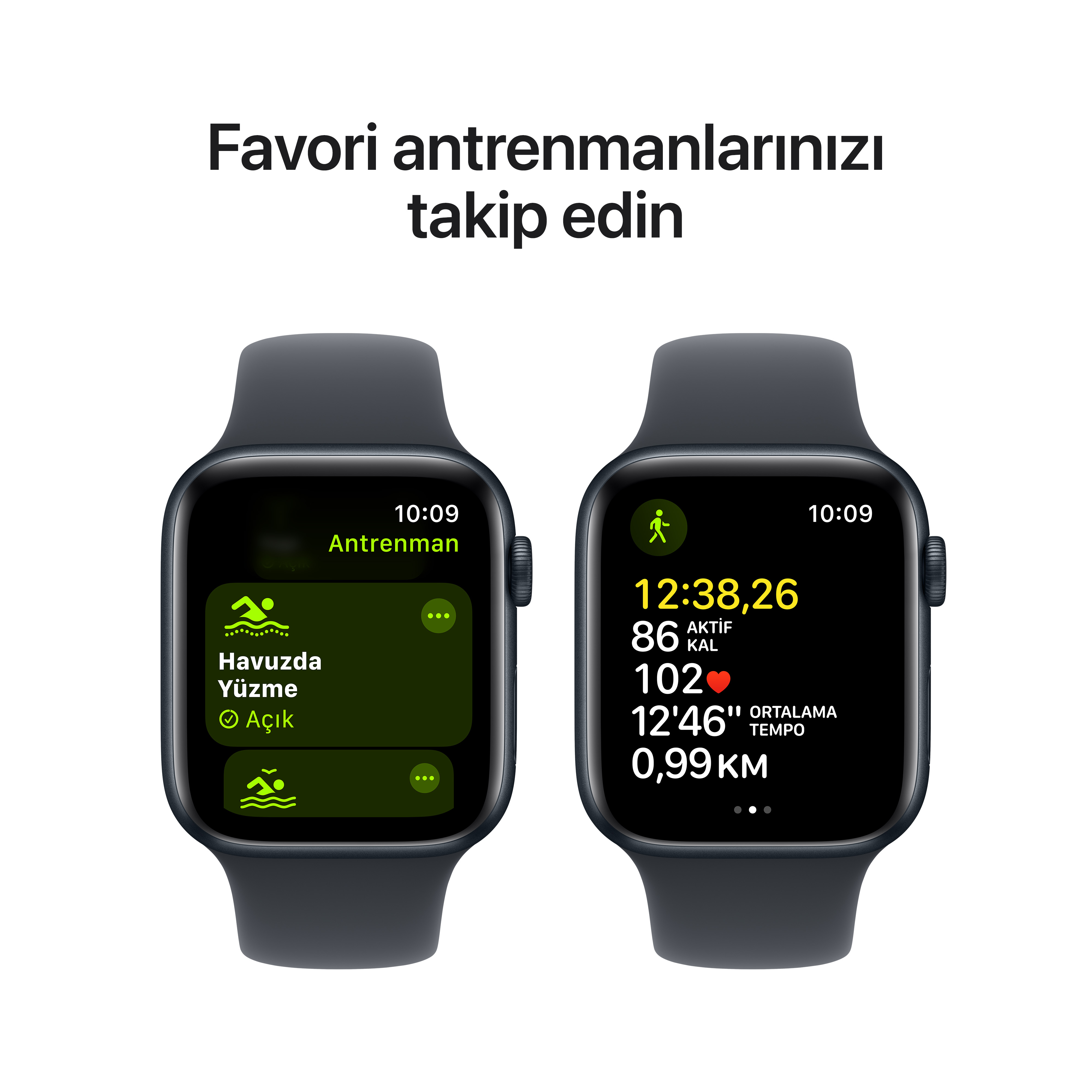 Farklı antrenman verilerini gösteren farklı ekranlara sahip iki Apple Watch. Yeşil ve turuncu ekranlar.