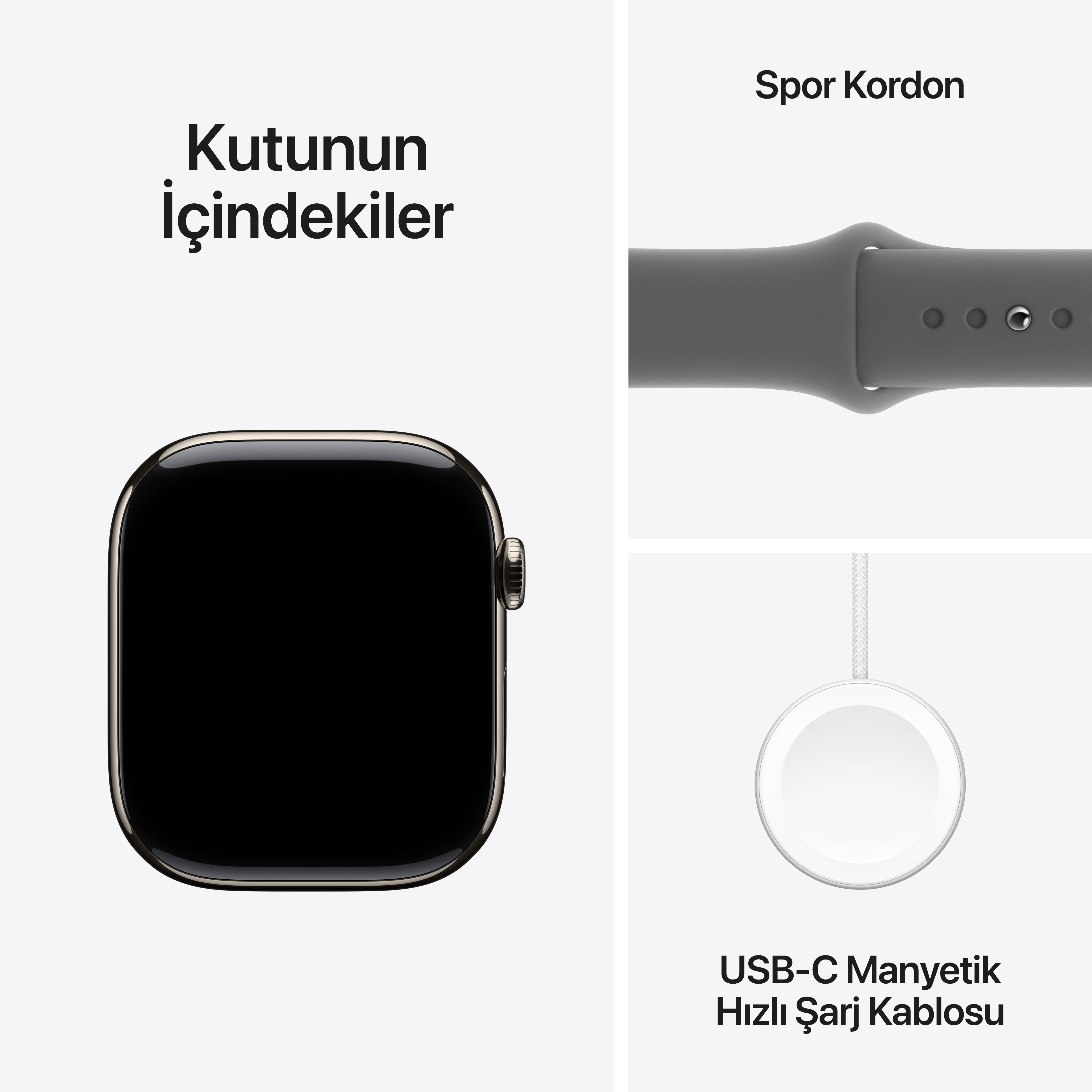 Apple Watch, spor kordonu ve şarj kablosu kutuda, beyaz arka plan.