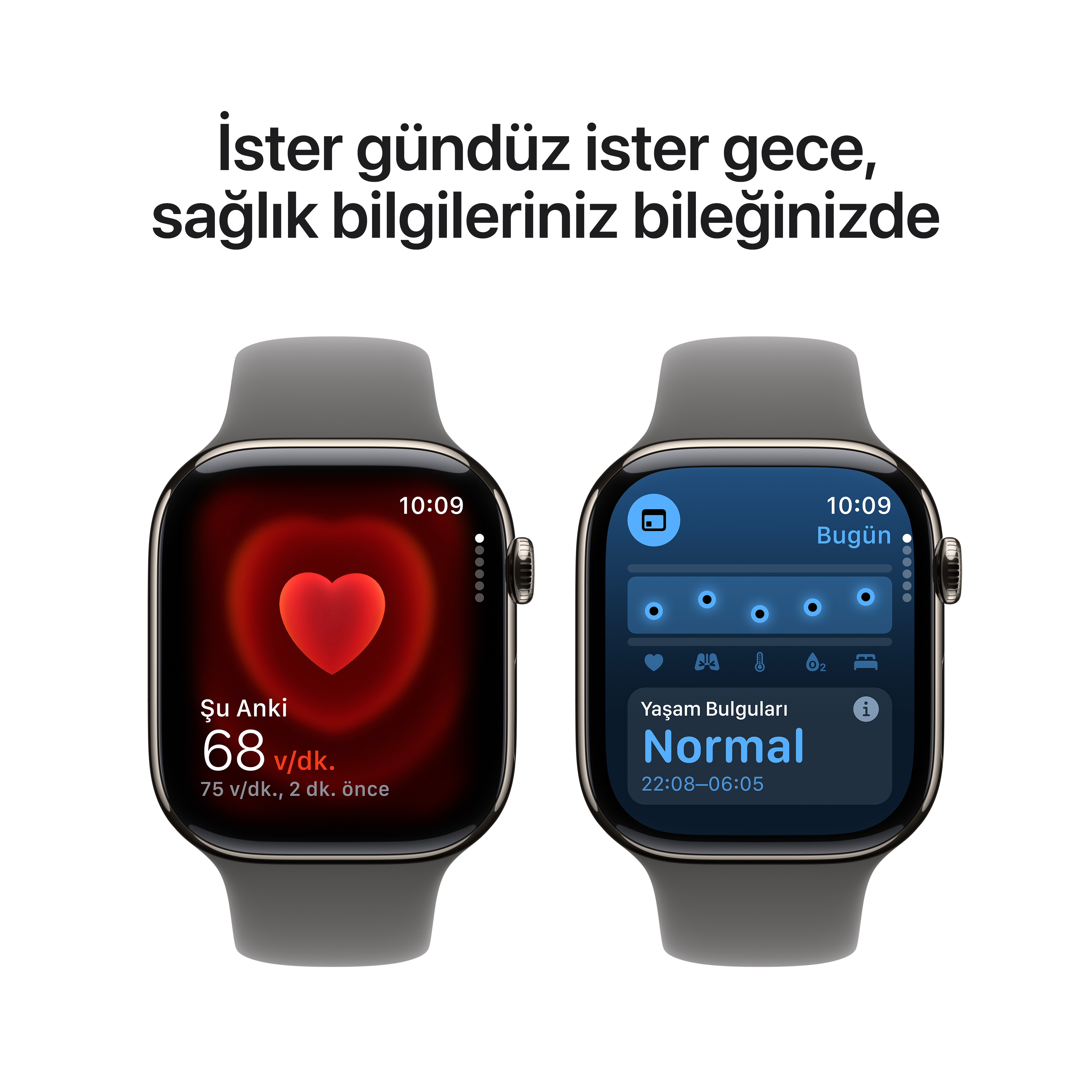 Beyaz arka planda sağlık verilerini gösteren iki akıllı saat.