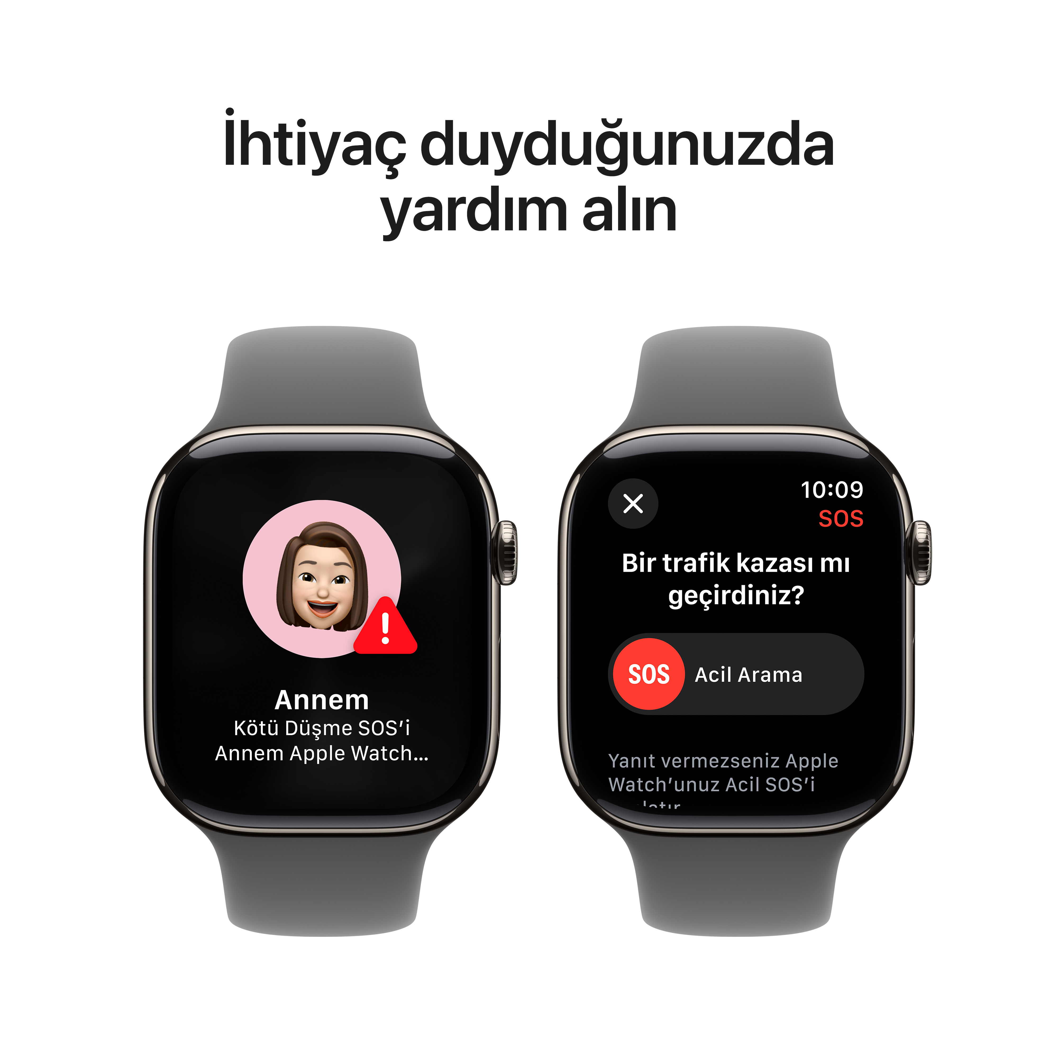 Acil durum SOS arama arayüzü gösteren iki Apple Watch.