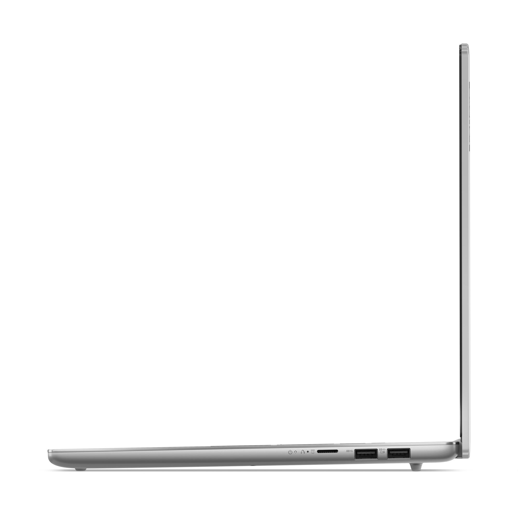 Seitenansicht eines silbernen Laptops. Der Bildschirm ist geschlossen. Anschlüsse links.