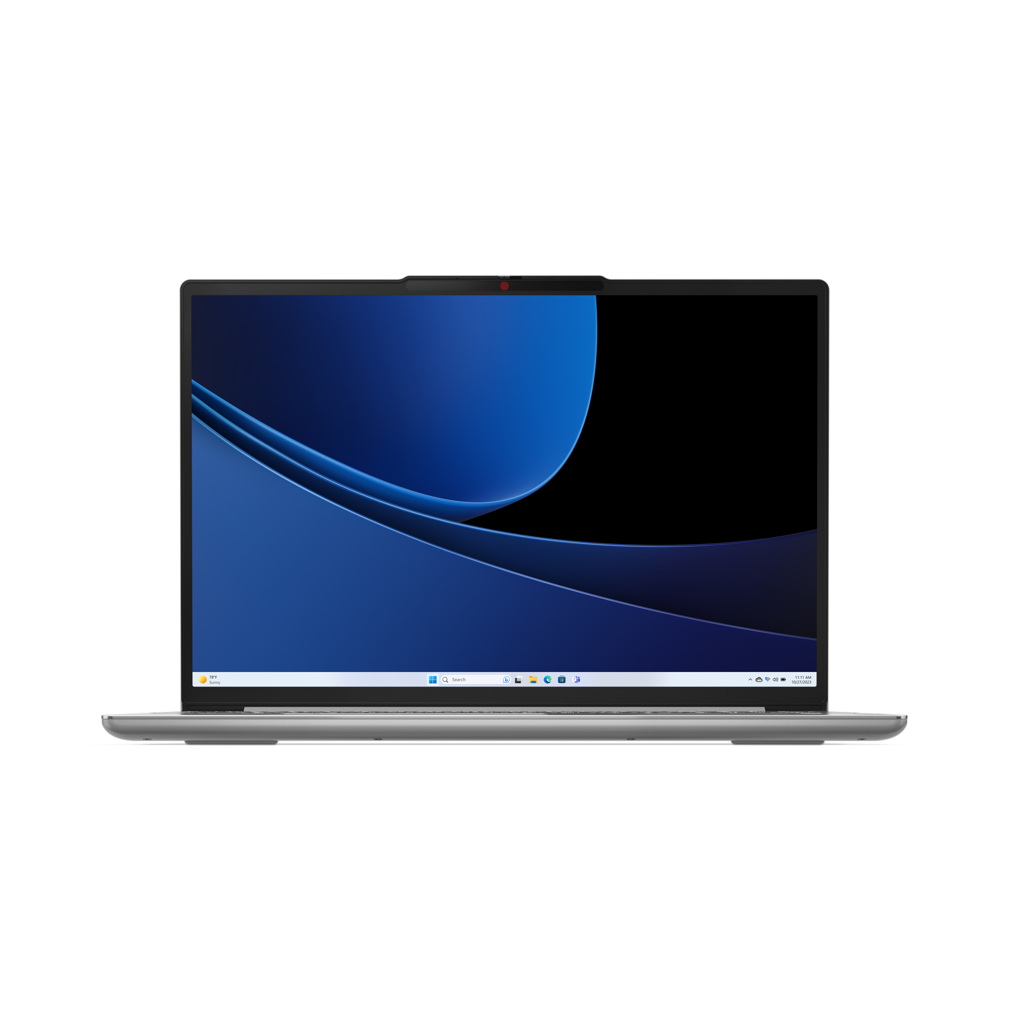 Ein silberfarbener Laptop mit blauem und schwarzem Bildschirm. Der Laptop ist geöffnet und zeigt ein blaues und schwarzes abstraktes Bild.