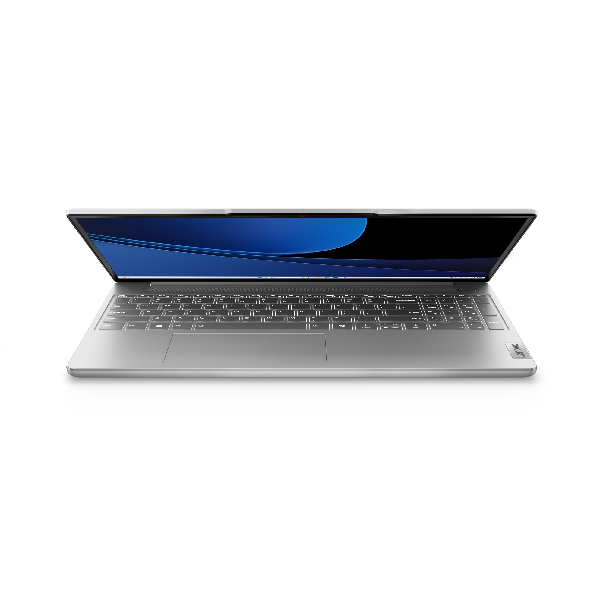 Silberner Laptop, geöffnet in einem Winkel, zeigt Tastatur und Bildschirm. Der Bildschirm hat ein blaues Design.
