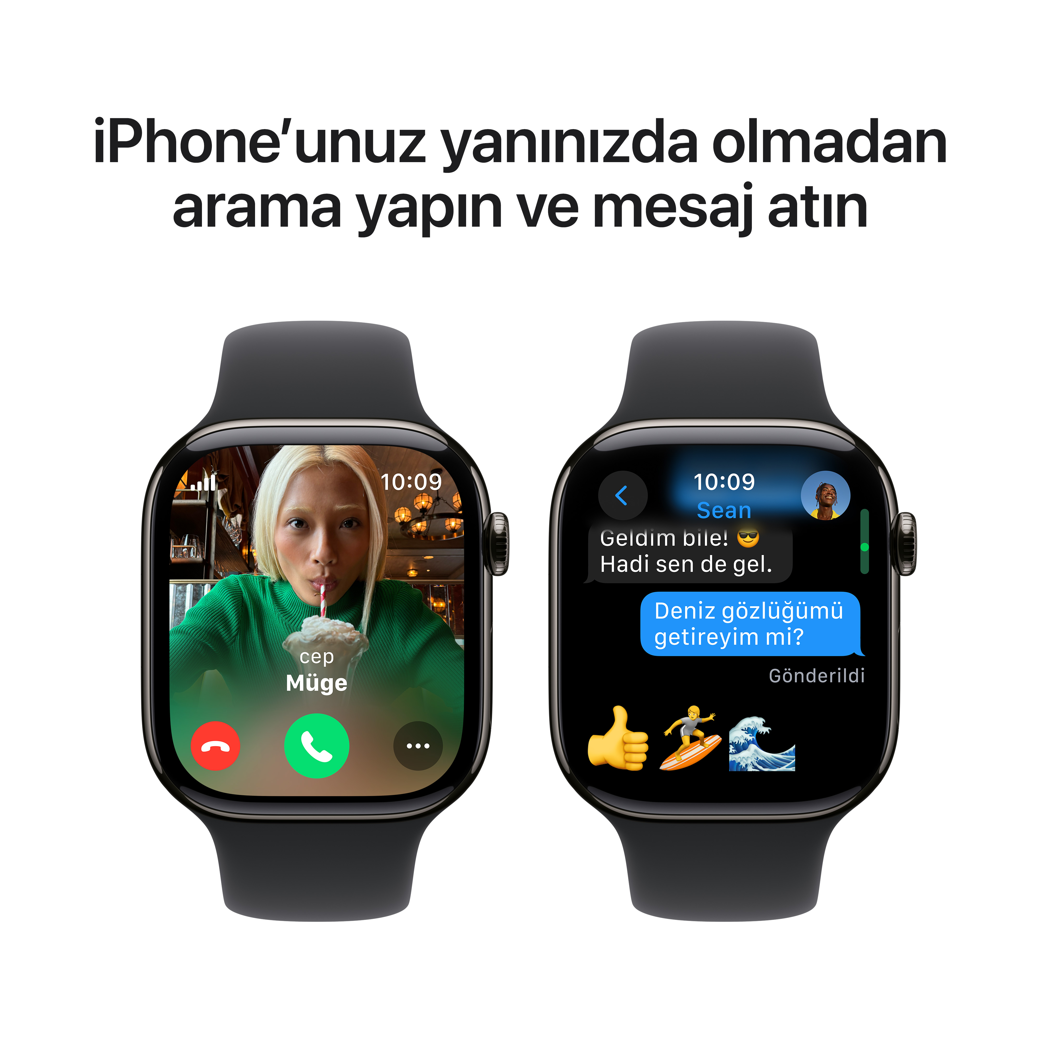 Akıllı saat, bir görüntülü görüşme ve bir metin mesajı konuşması görüntülüyor; bir kişi konuşuyor ve diğerleri emoji gönderiyor.